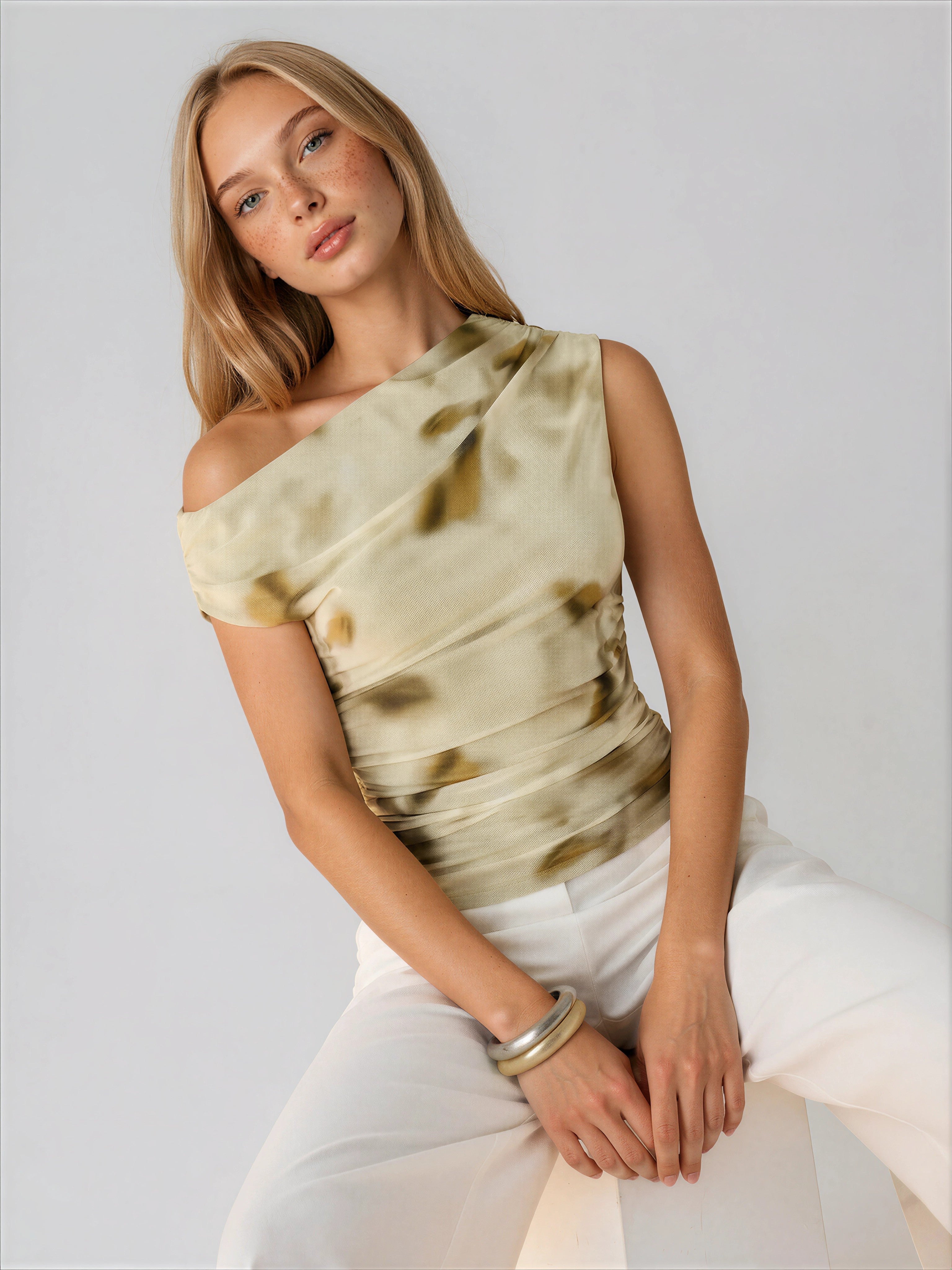 One-Shoulder Ruched Print Top MYWISHBAG