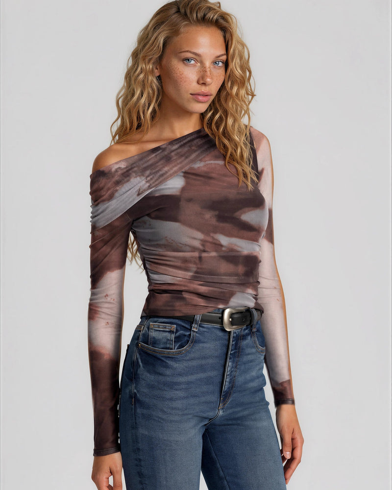 One Shoulder Abstract Print Mesh Ruched Top