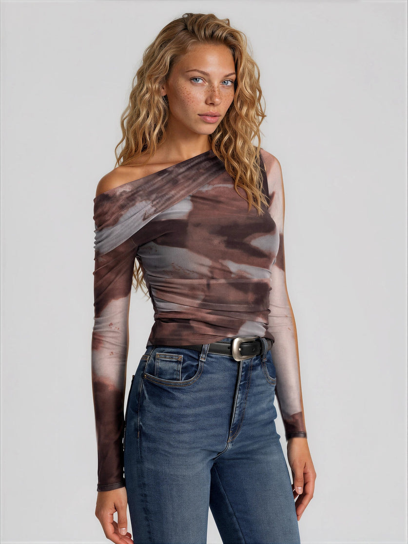 One Shoulder Abstract Print Mesh Ruched Top
