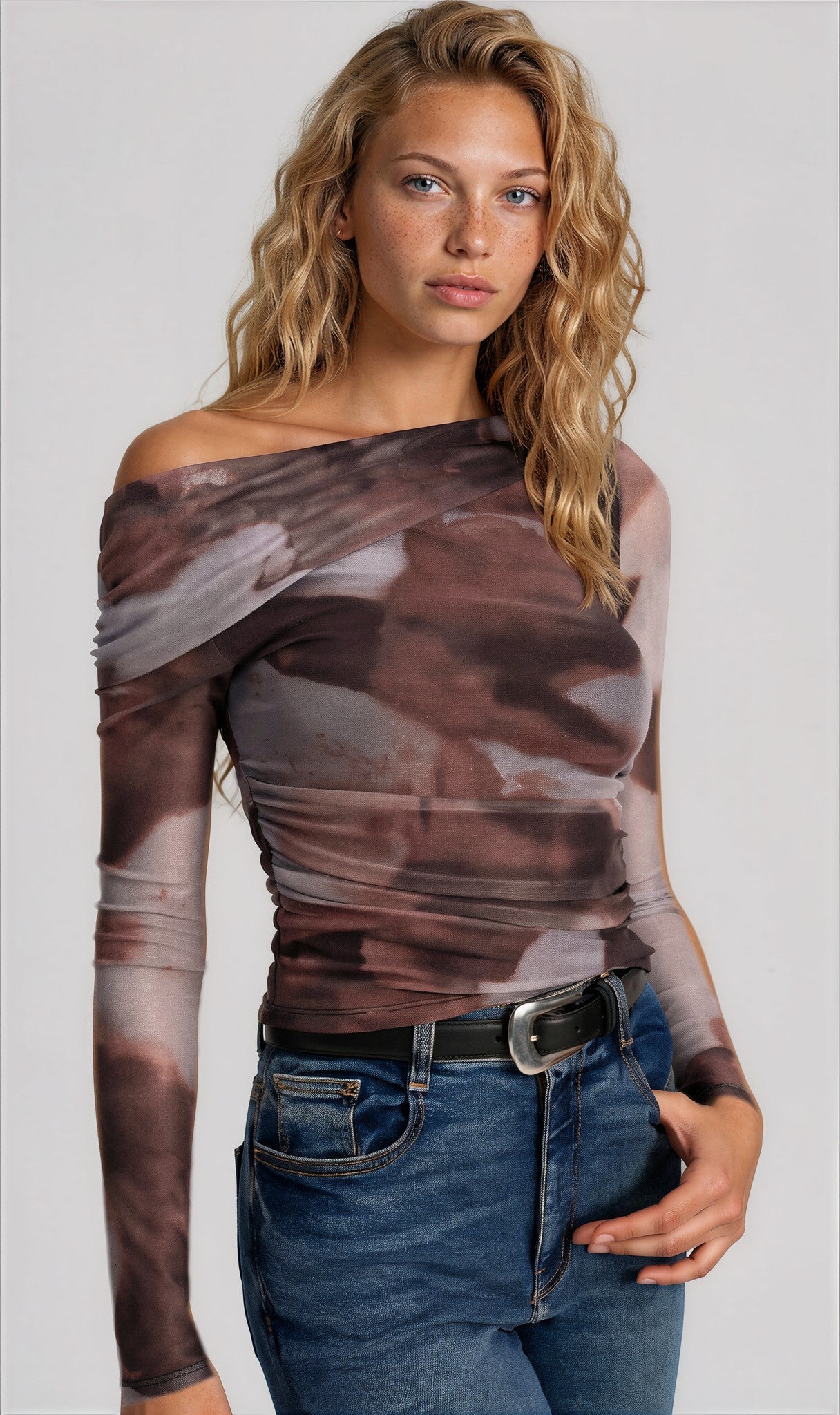 One Shoulder Abstract Print Mesh Ruched Top MYWISHBAG