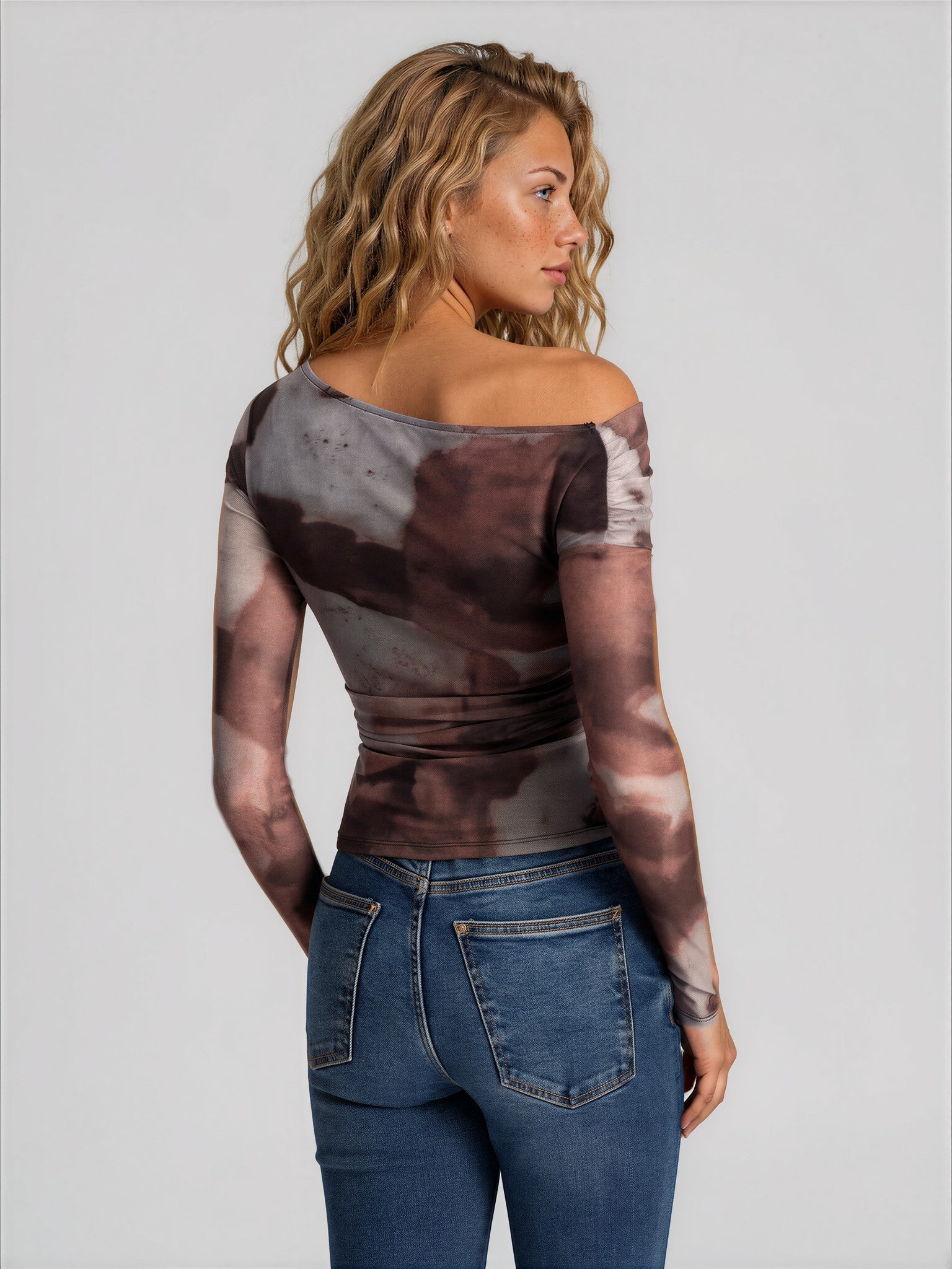 One Shoulder Abstract Print Mesh Ruched Top MYWISHBAG