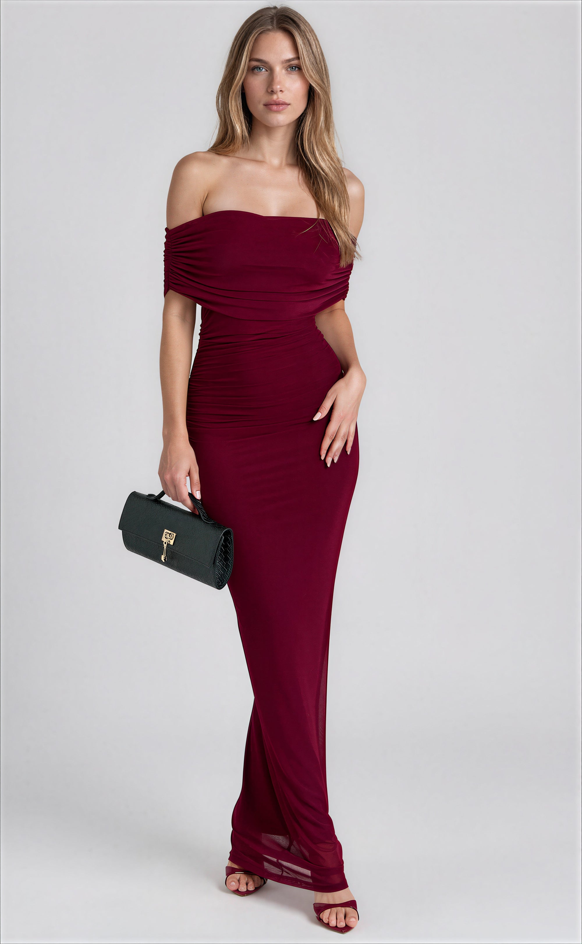 Wine Off Shoulder Mesh Maxi Dress