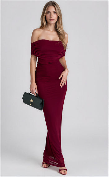 Wine Off Shoulder Mesh Maxi Dress