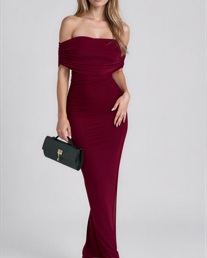 Wine Off Shoulder Mesh Maxi Dress