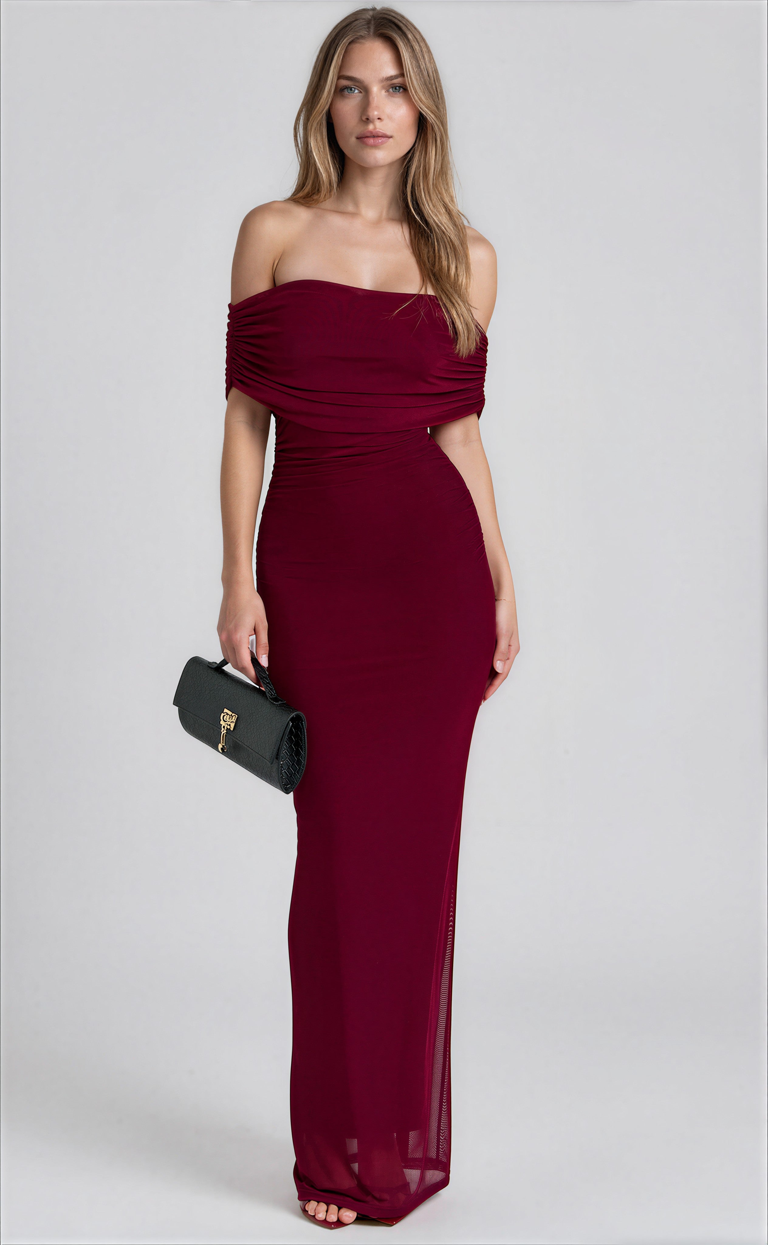 Wine Off Shoulder Mesh Maxi Dress