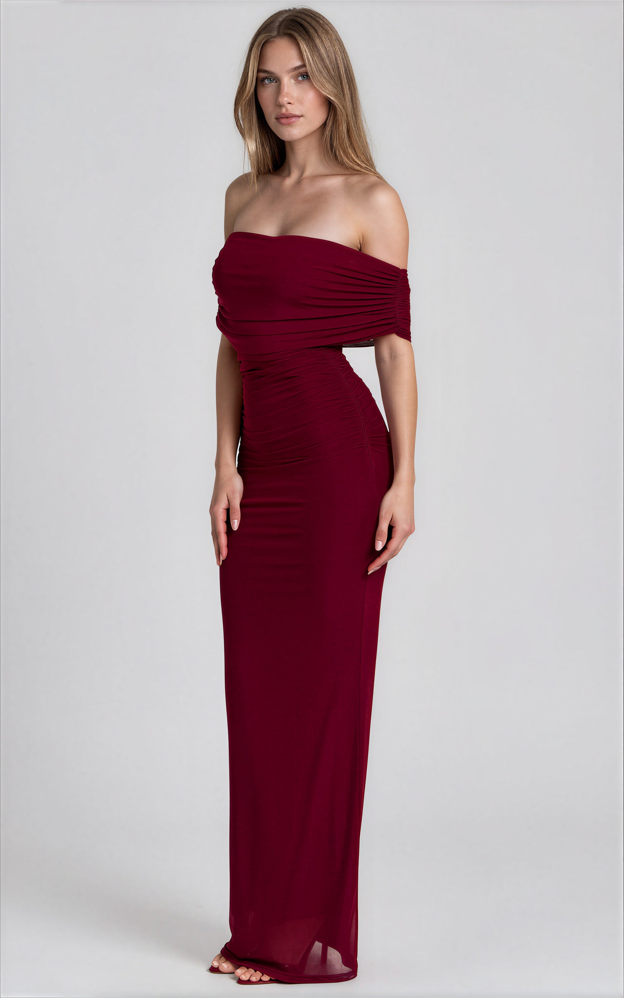 Wine Off Shoulder Mesh Maxi Dress