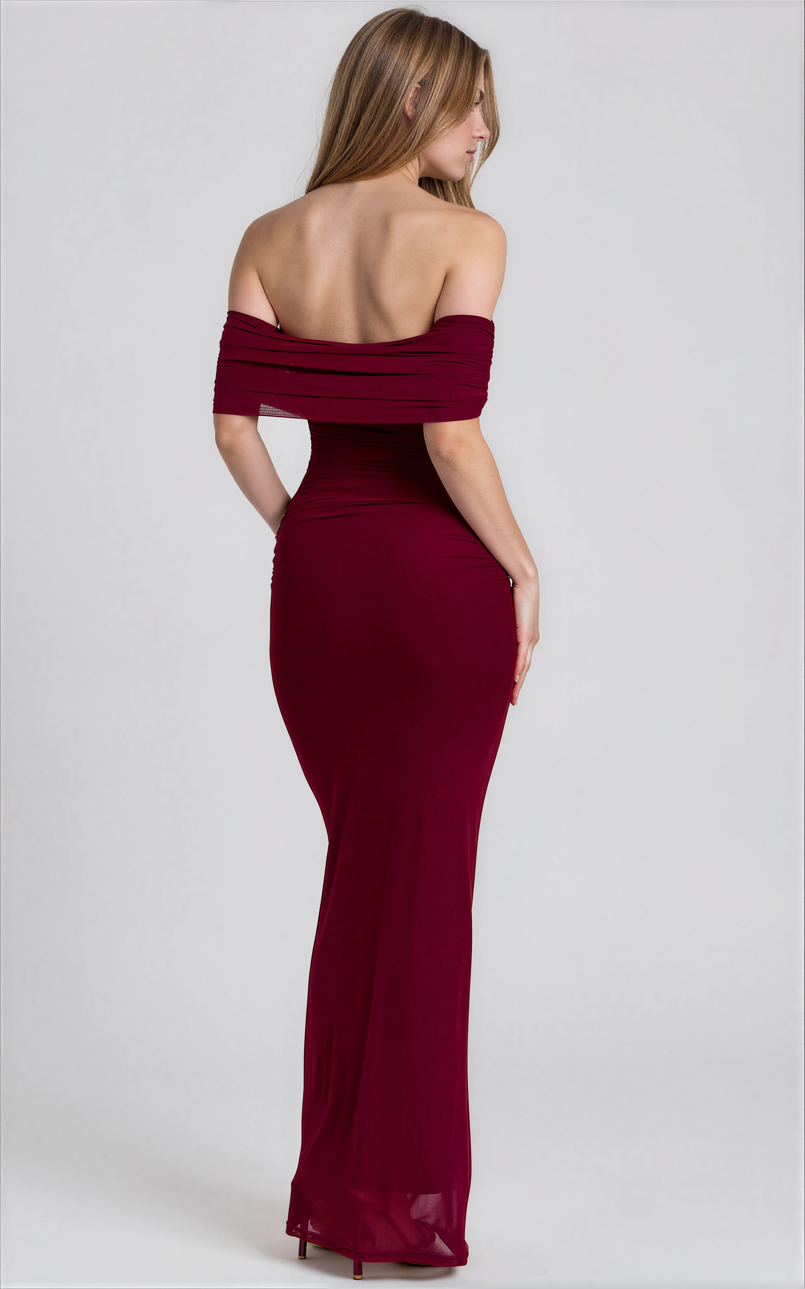 Wine Off Shoulder Mesh Maxi Dress