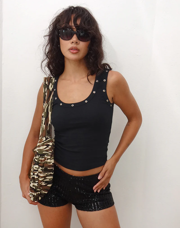 MWB Eyelet Ribbed Vest Top in Black