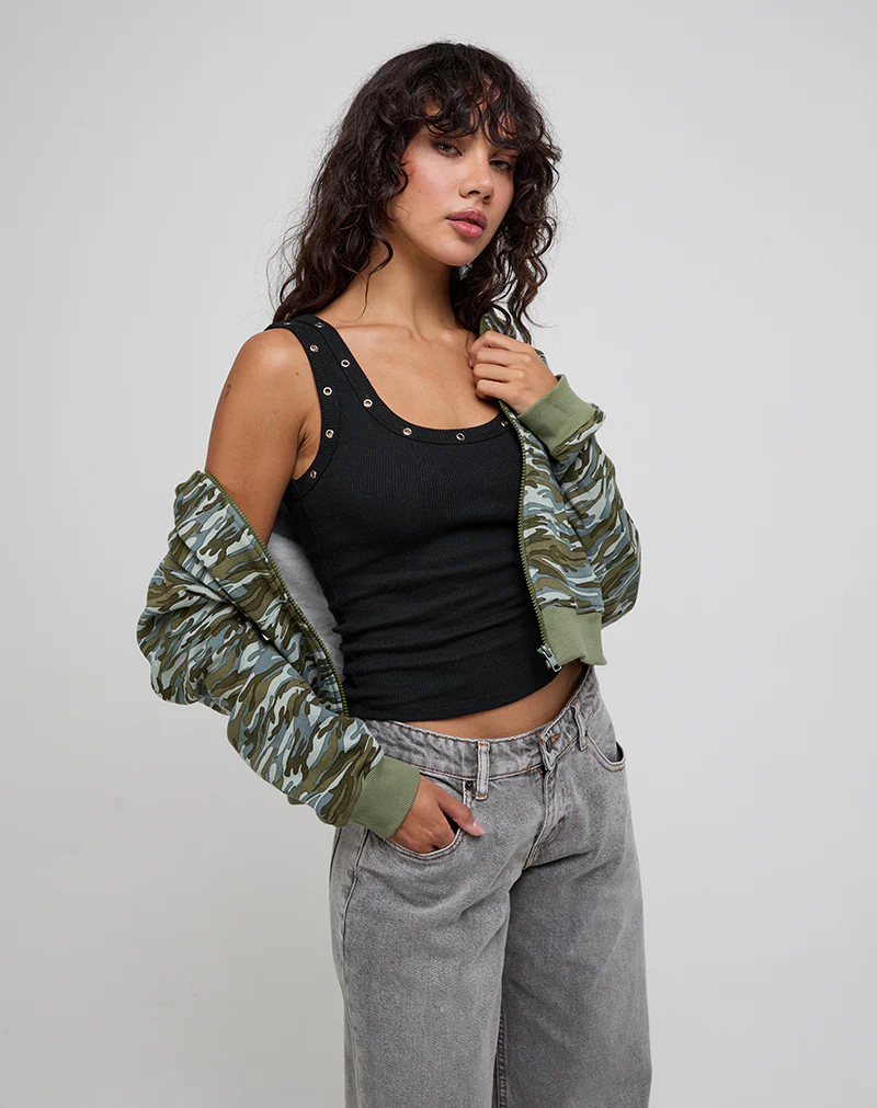 MWB Eyelet Ribbed Vest Top in Black