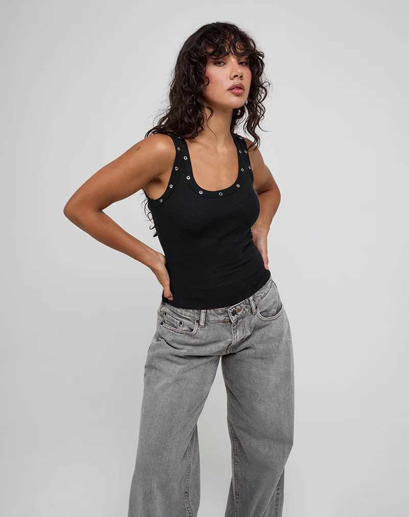 MWB Eyelet Ribbed Vest Top in Black