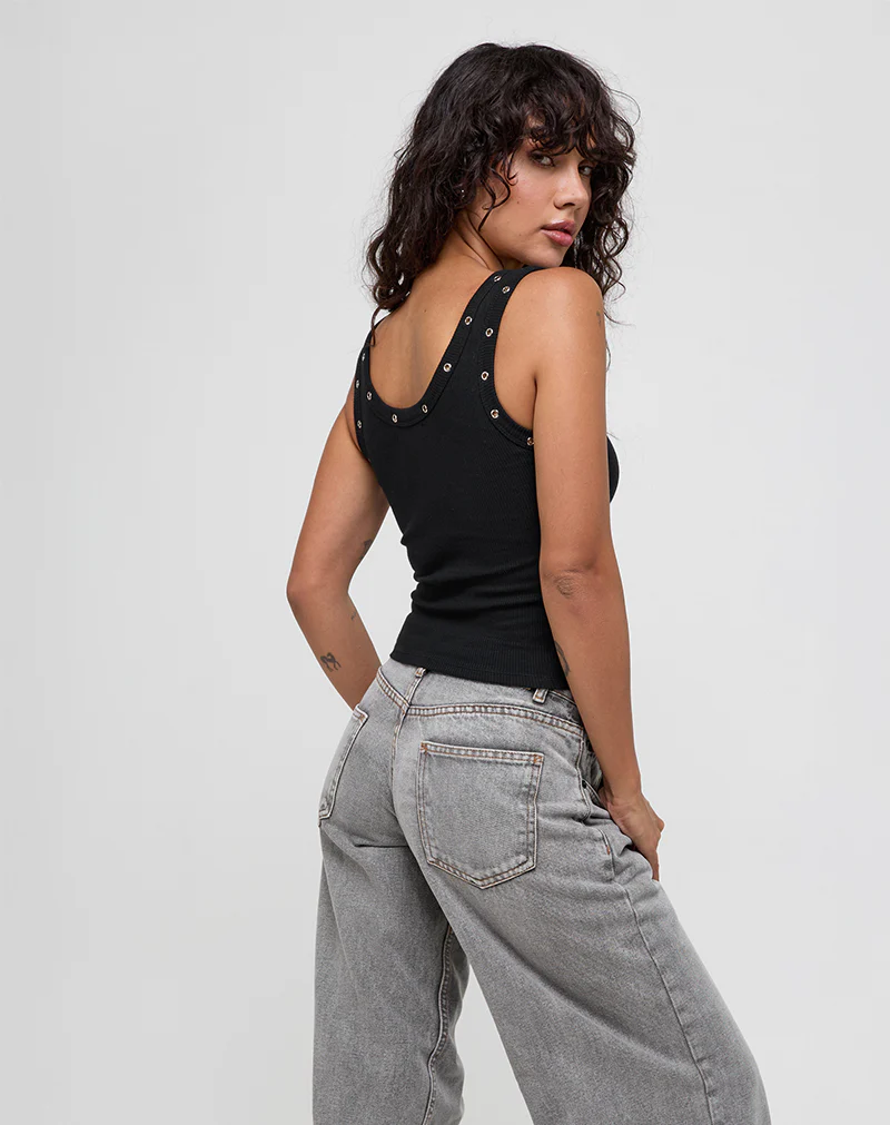 MWB Eyelet Ribbed Vest Top in Black