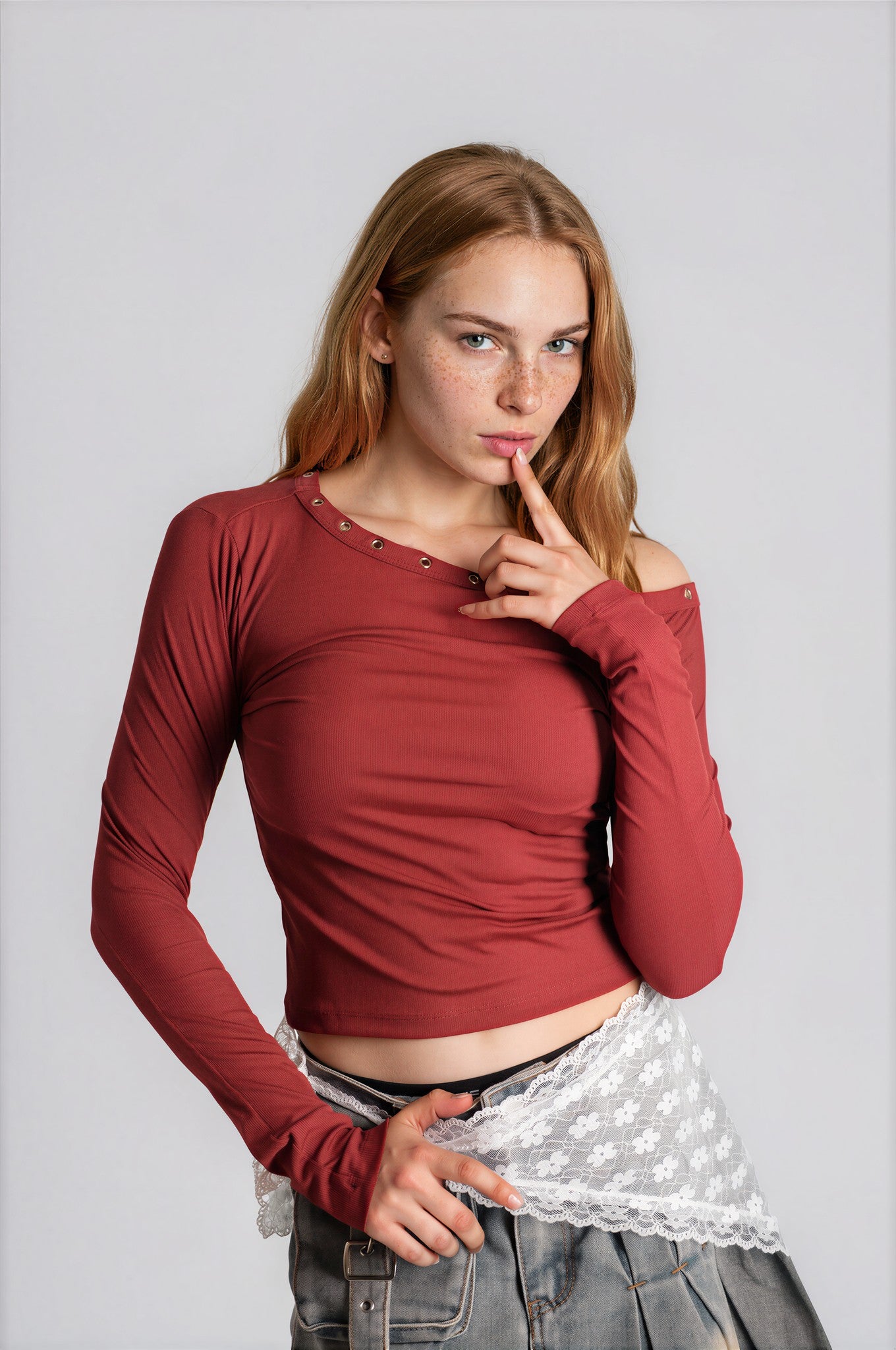 One Shoulder Top in Marron with Eyelets