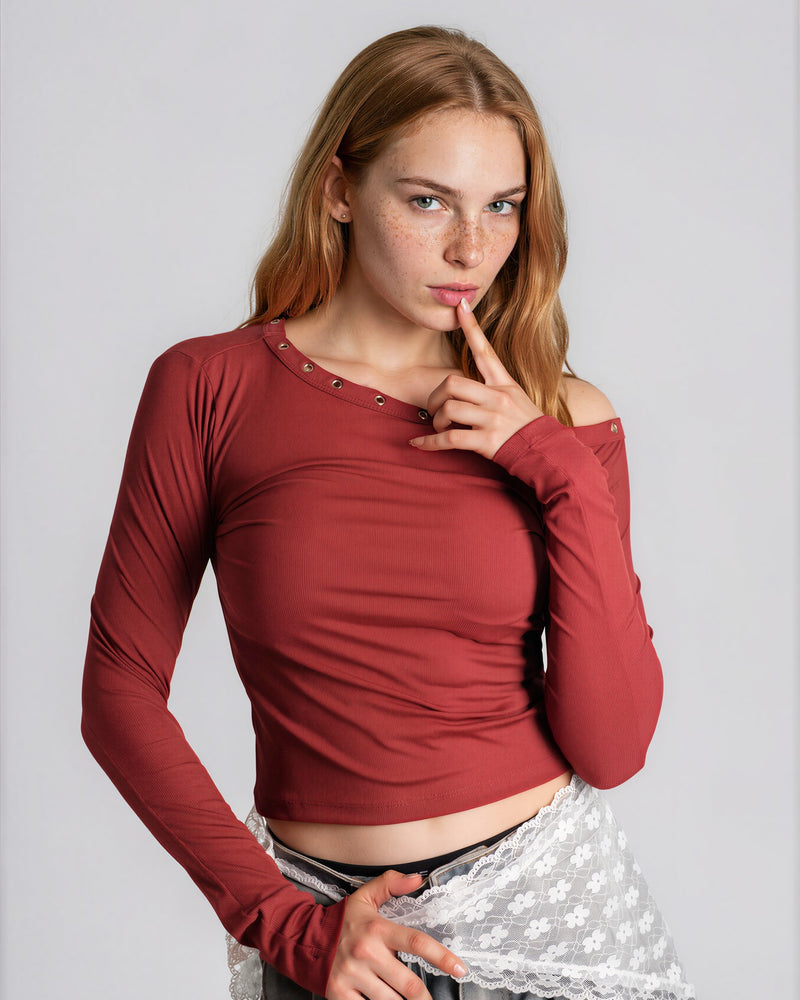 One Shoulder Top in Marron with Eyelets