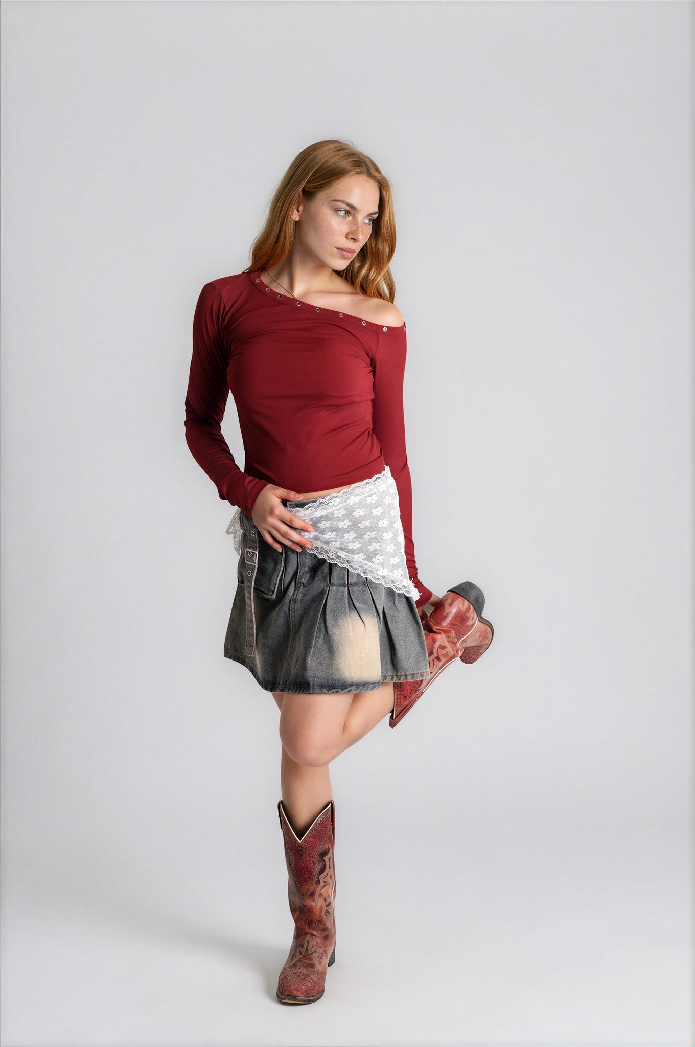 One Shoulder Top in Marron with Eyelets