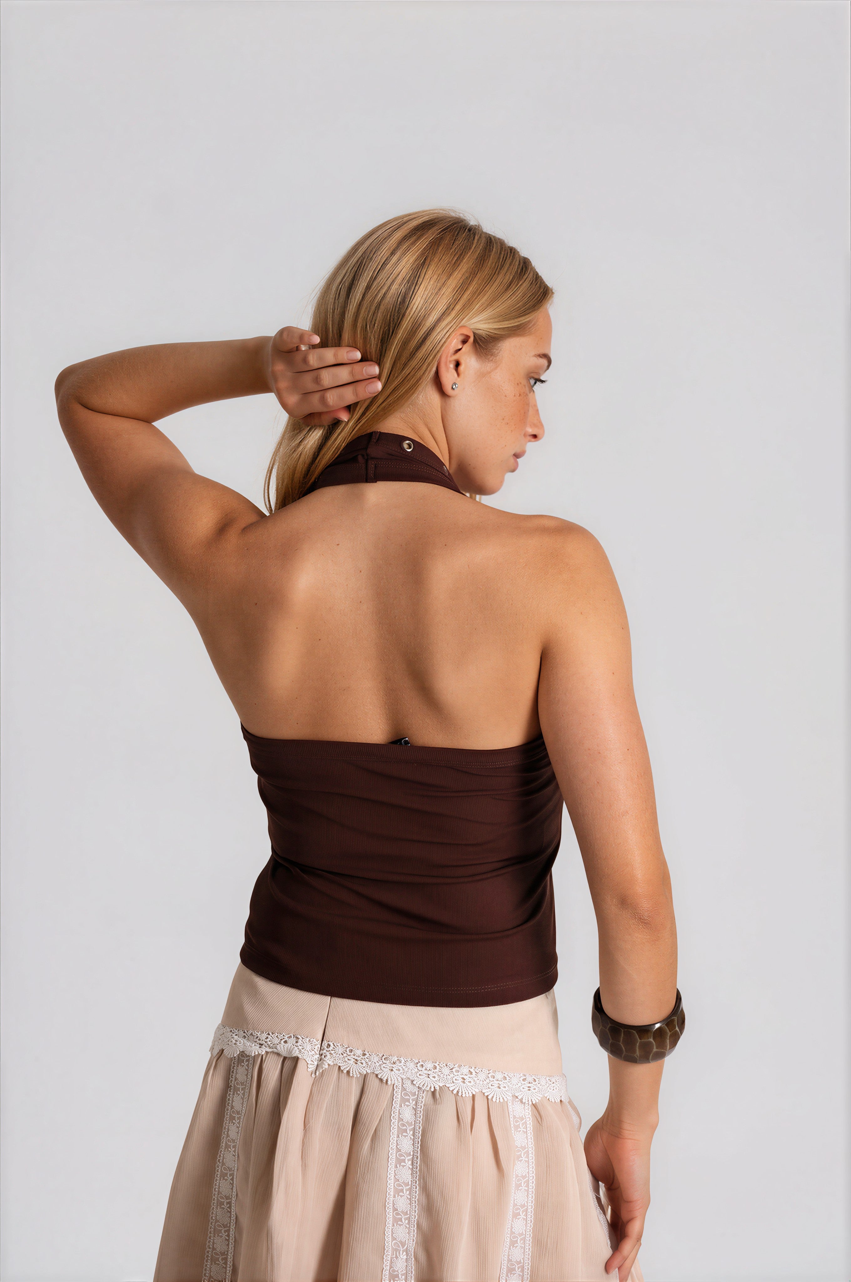 Halterneck Top in Brown with Eyelets