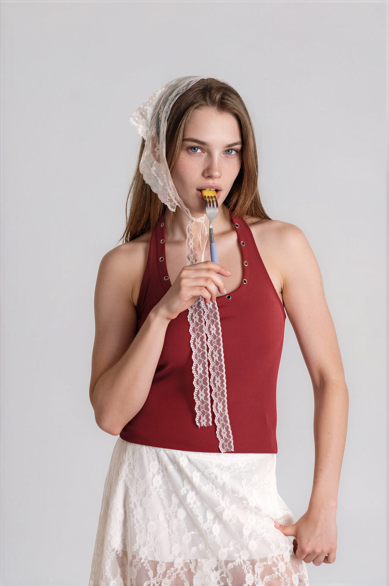 Halterneck Top in Marron with Eyelets