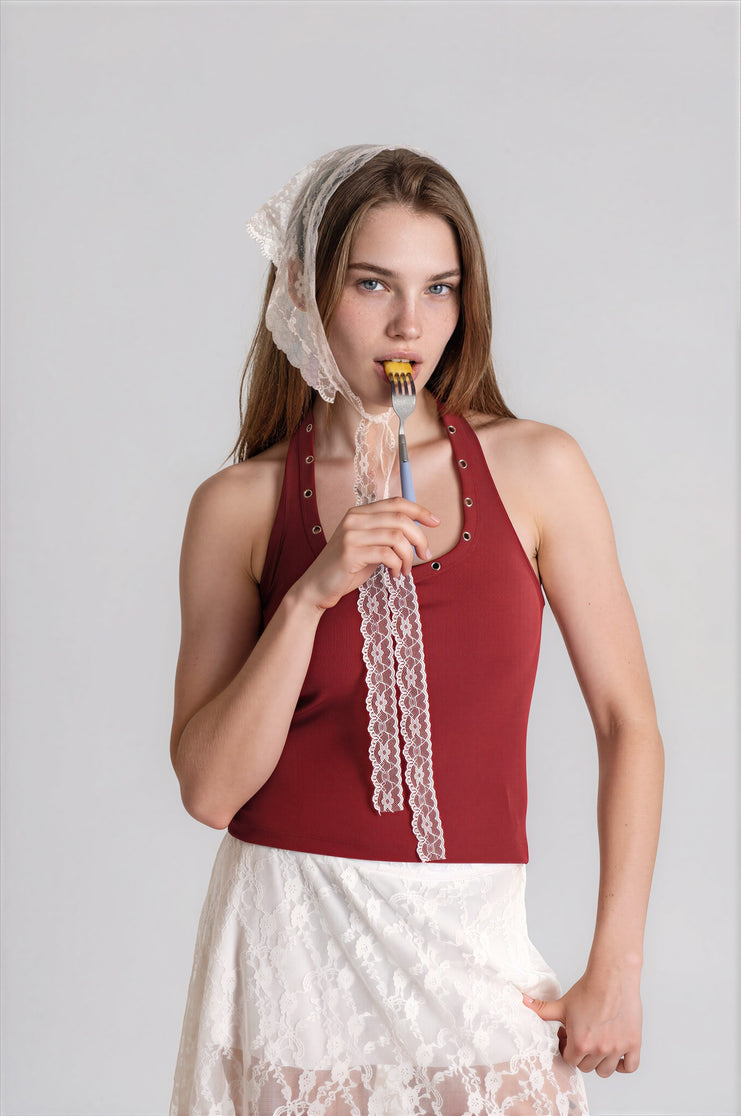Halterneck Top in Marron with Eyelets