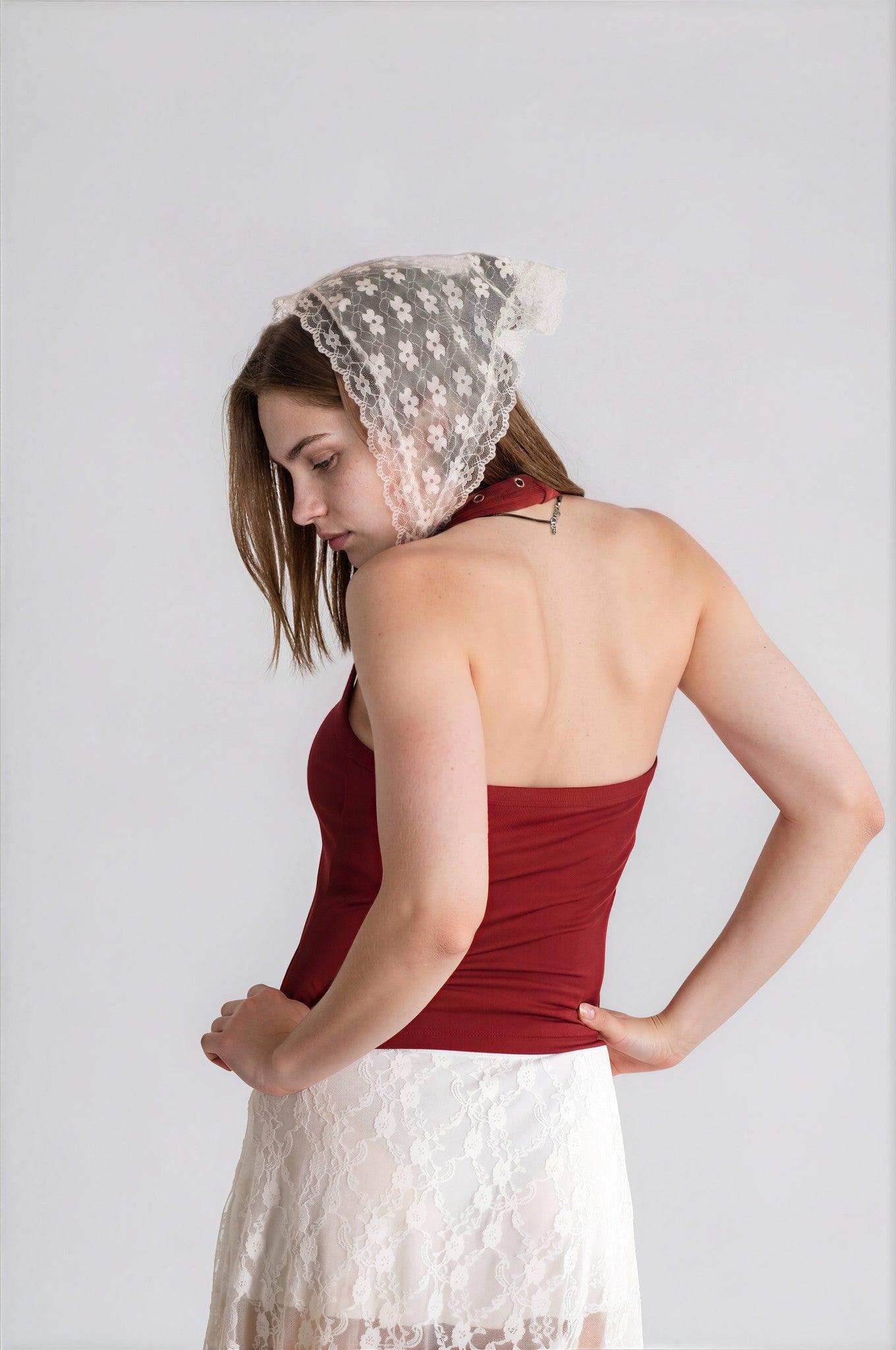 Halterneck Top in Marron with Eyelets