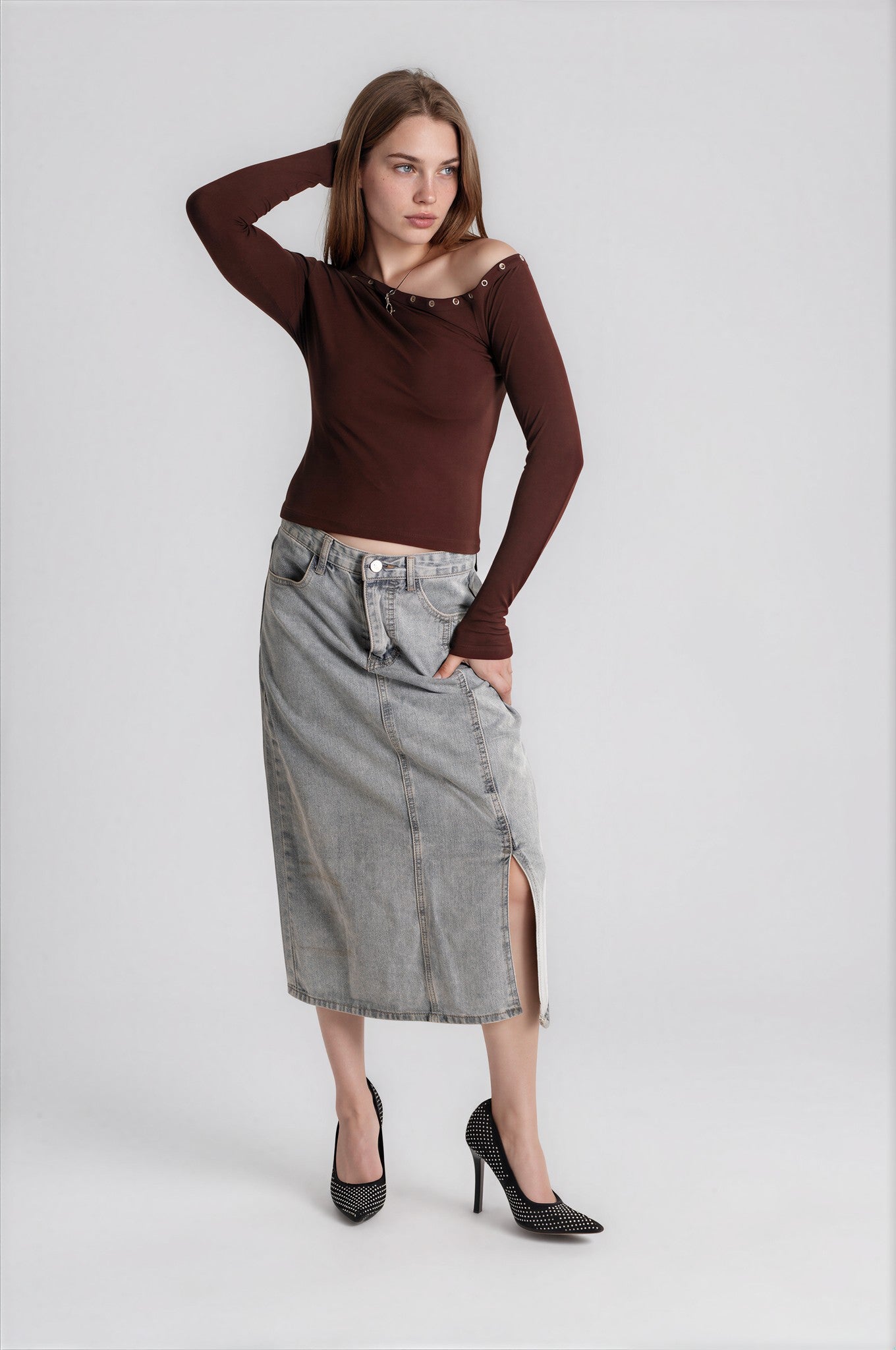 One Shoulder Top in Brown with Eyelets
