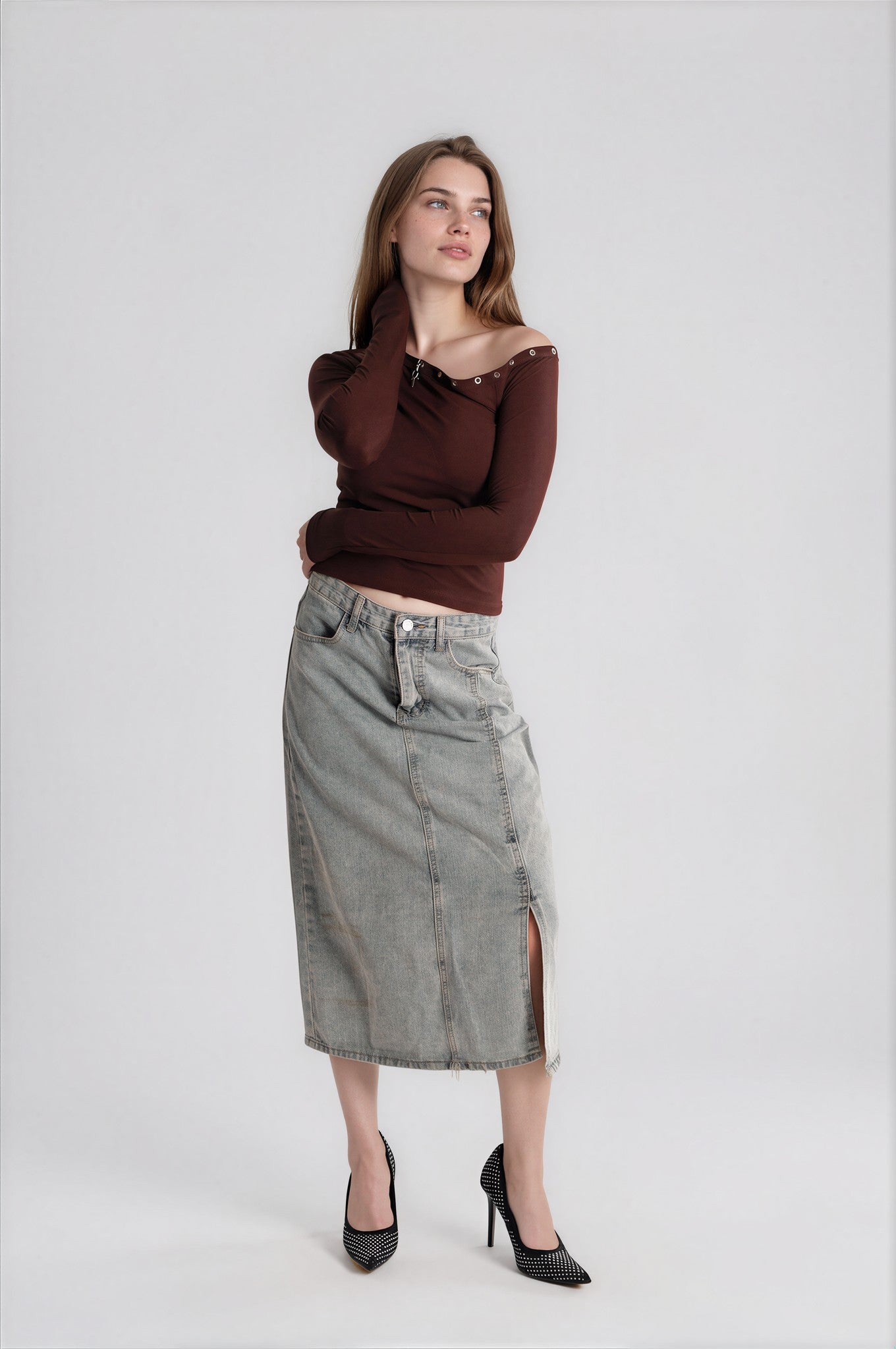 One Shoulder Top in Brown with Eyelets