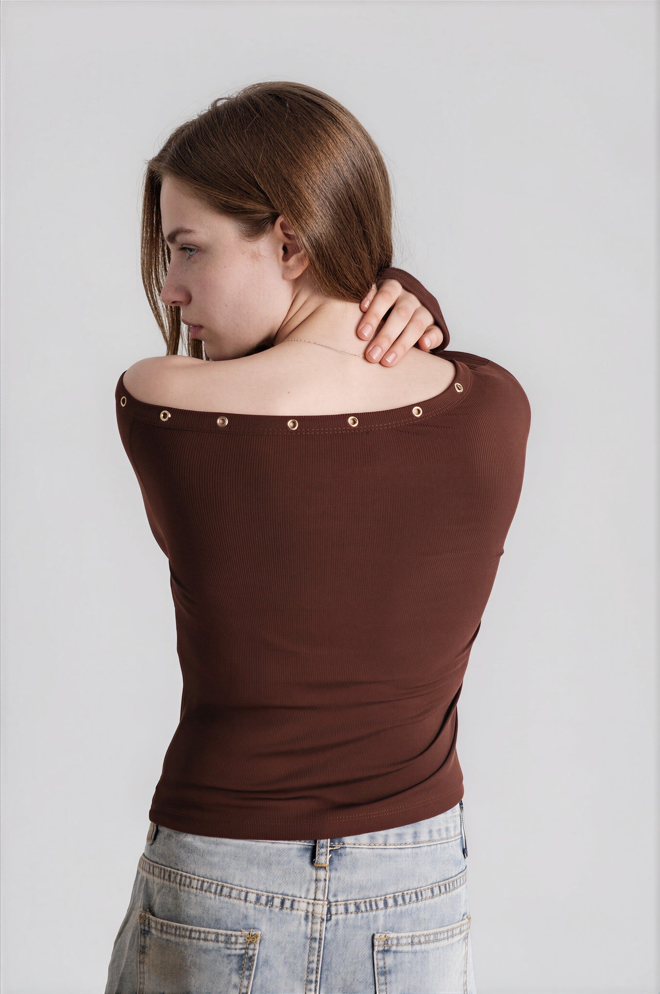 One Shoulder Top in Brown with Eyelets