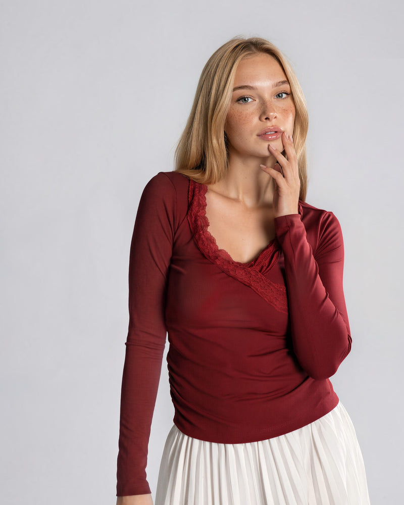 V-neck Solid Lace Trim Ruched Long Sleeve Top