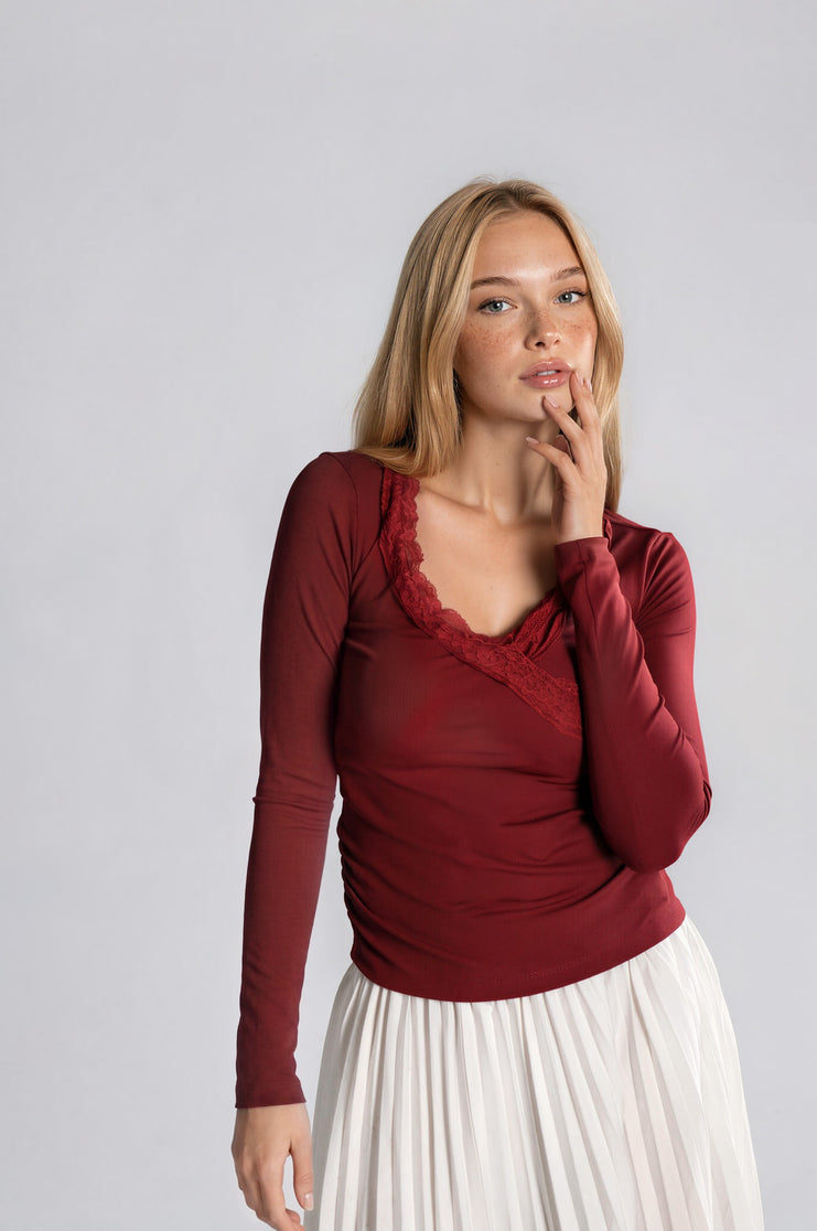 V-neck Solid Lace Trim Ruched Long Sleeve Top
