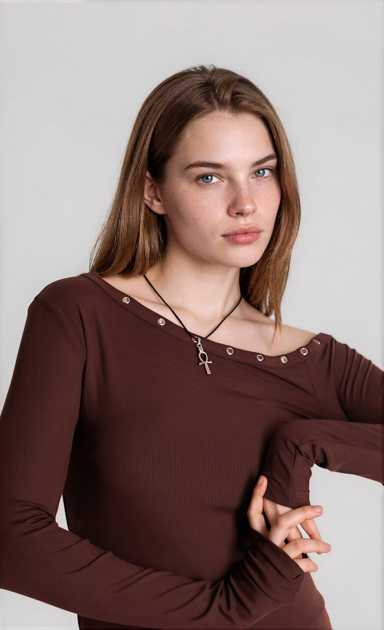 One Shoulder Top in Brown with Eyelets
