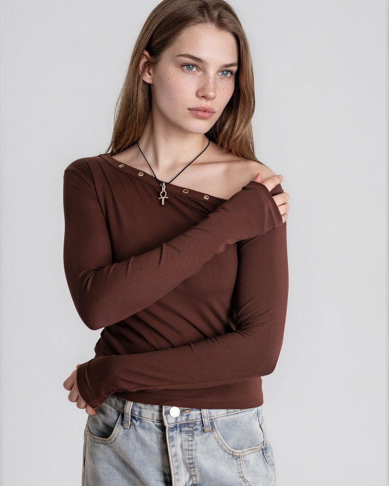 One Shoulder Top in Brown with Eyelets