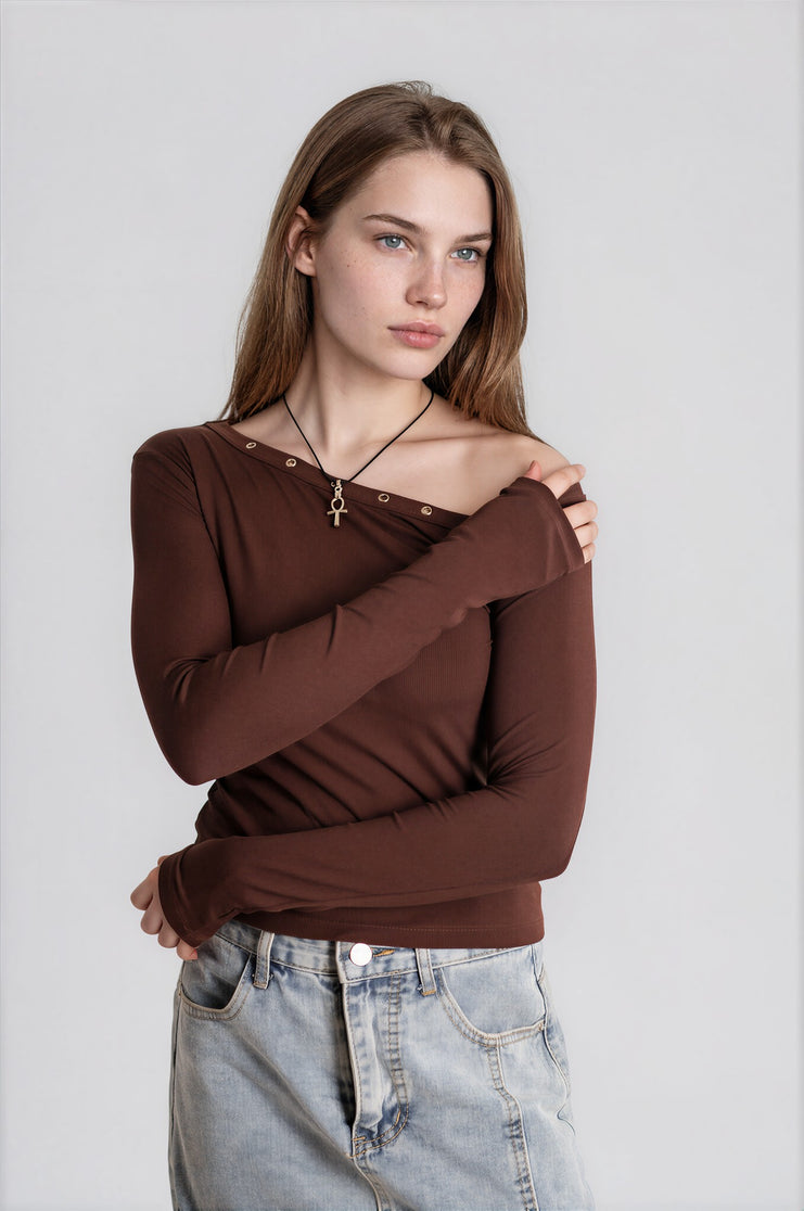 One Shoulder Top in Brown with Eyelets