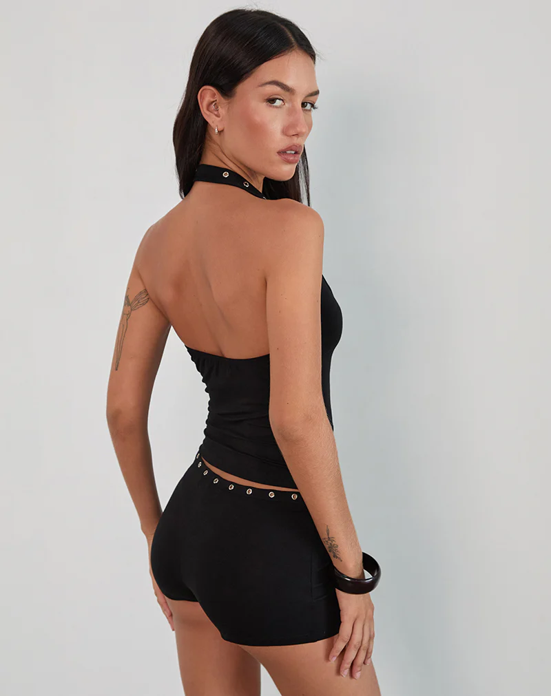 MWB Halterneck Top in Black with Eyelets