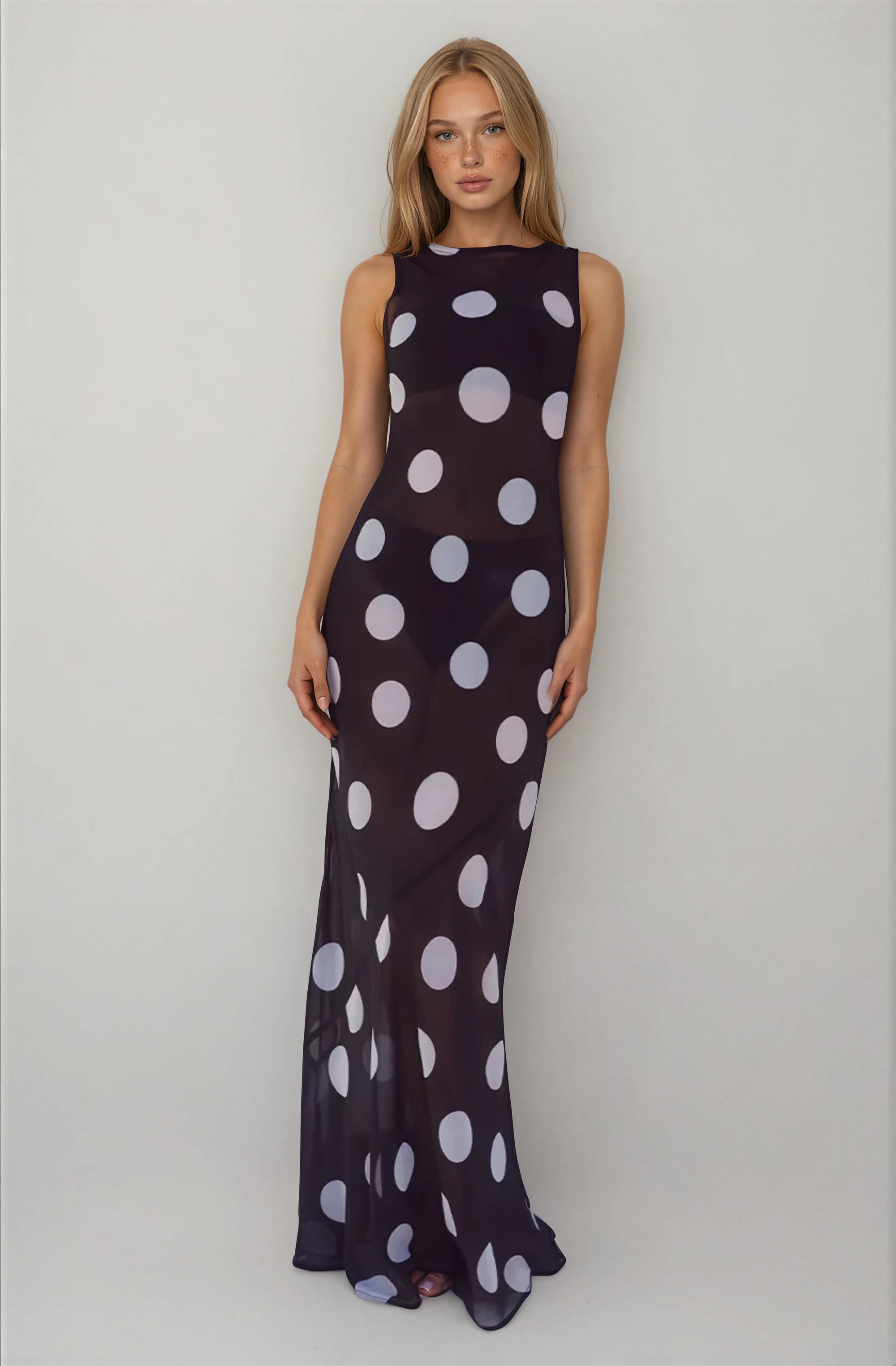 HIGH NECK MAXI DRESS - BLACK/WHITE POLKA