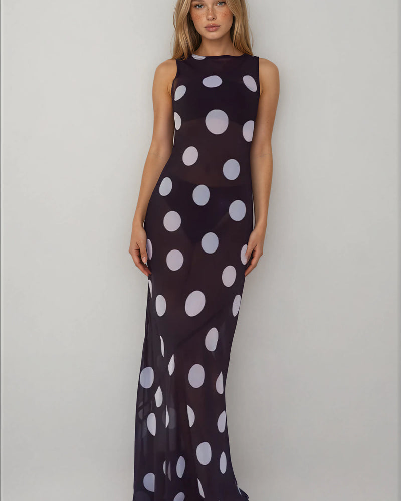 HIGH NECK MAXI DRESS - BLACK/WHITE POLKA