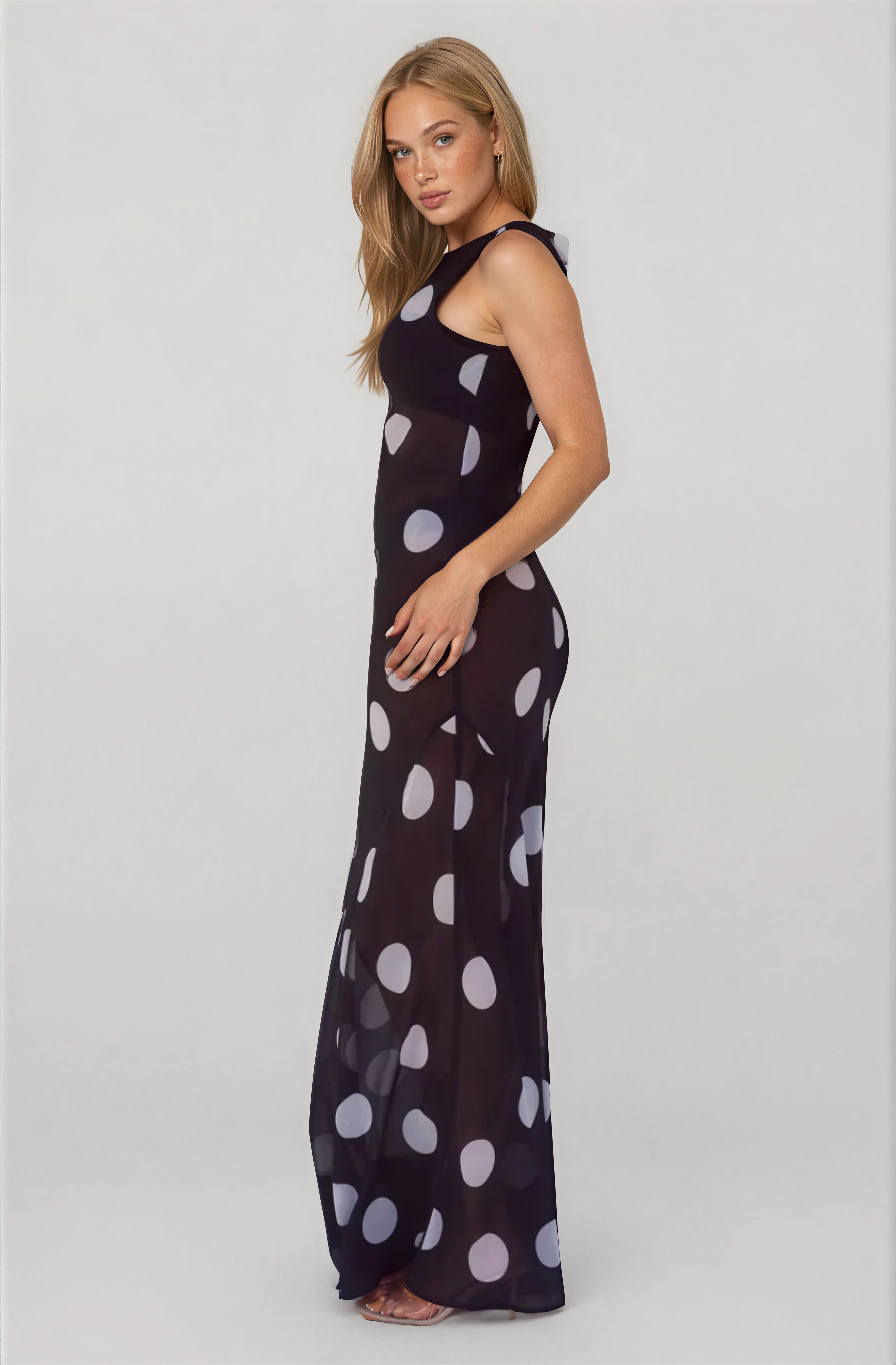 HIGH NECK MAXI DRESS - BLACK/WHITE POLKA