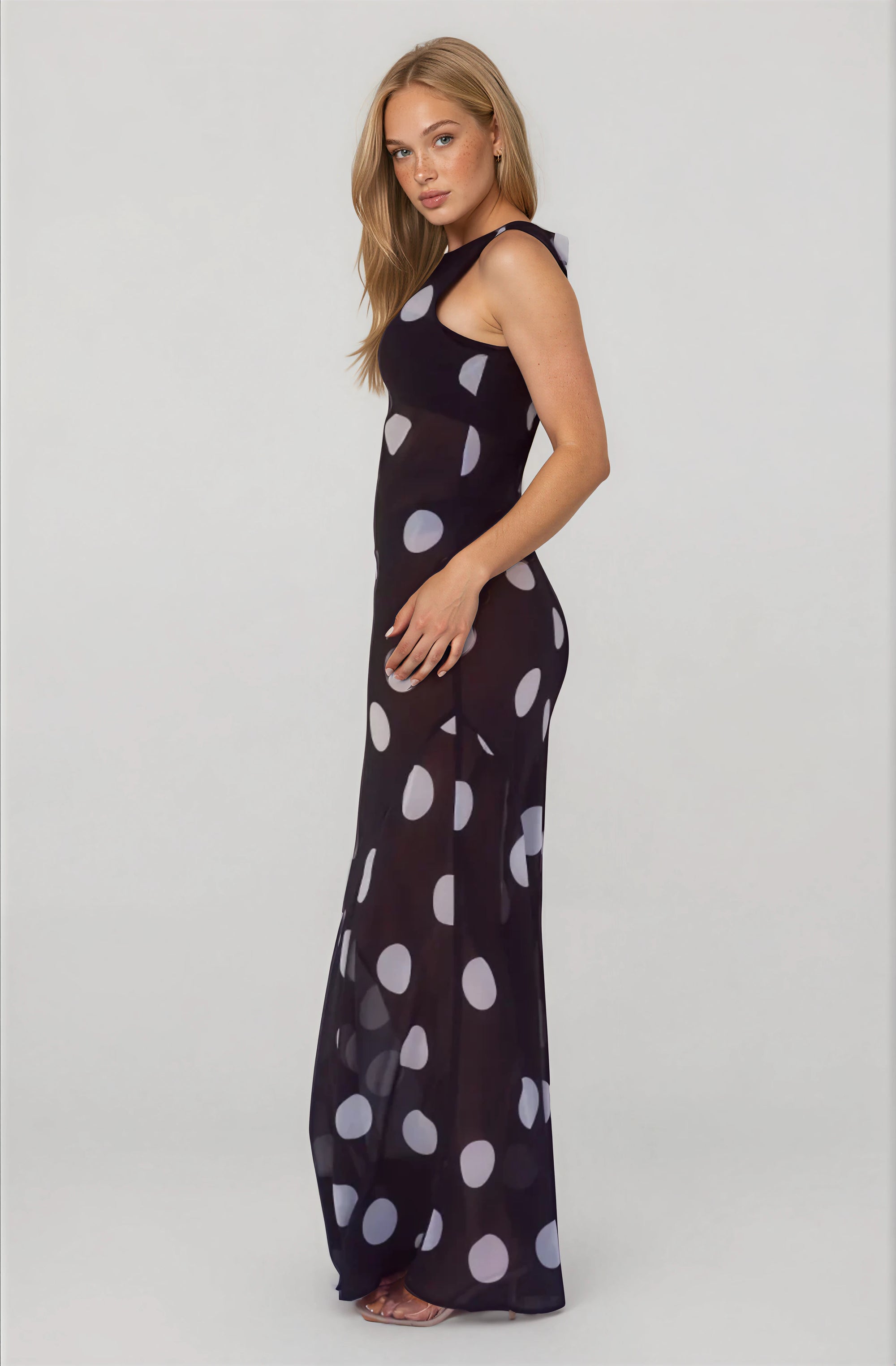 HIGH NECK MAXI DRESS - BLACK/WHITE POLKA