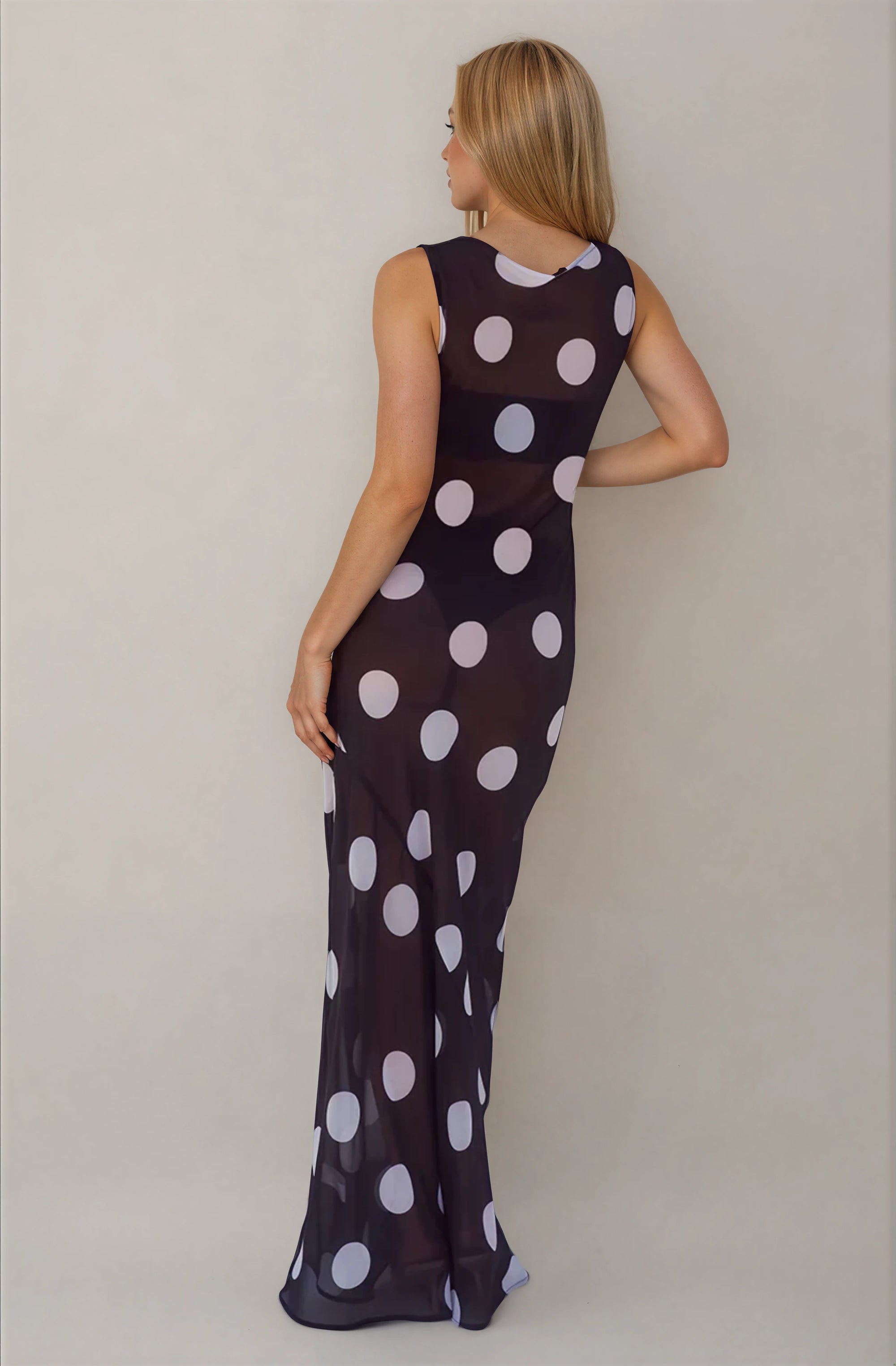 HIGH NECK MAXI DRESS - BLACK/WHITE POLKA
