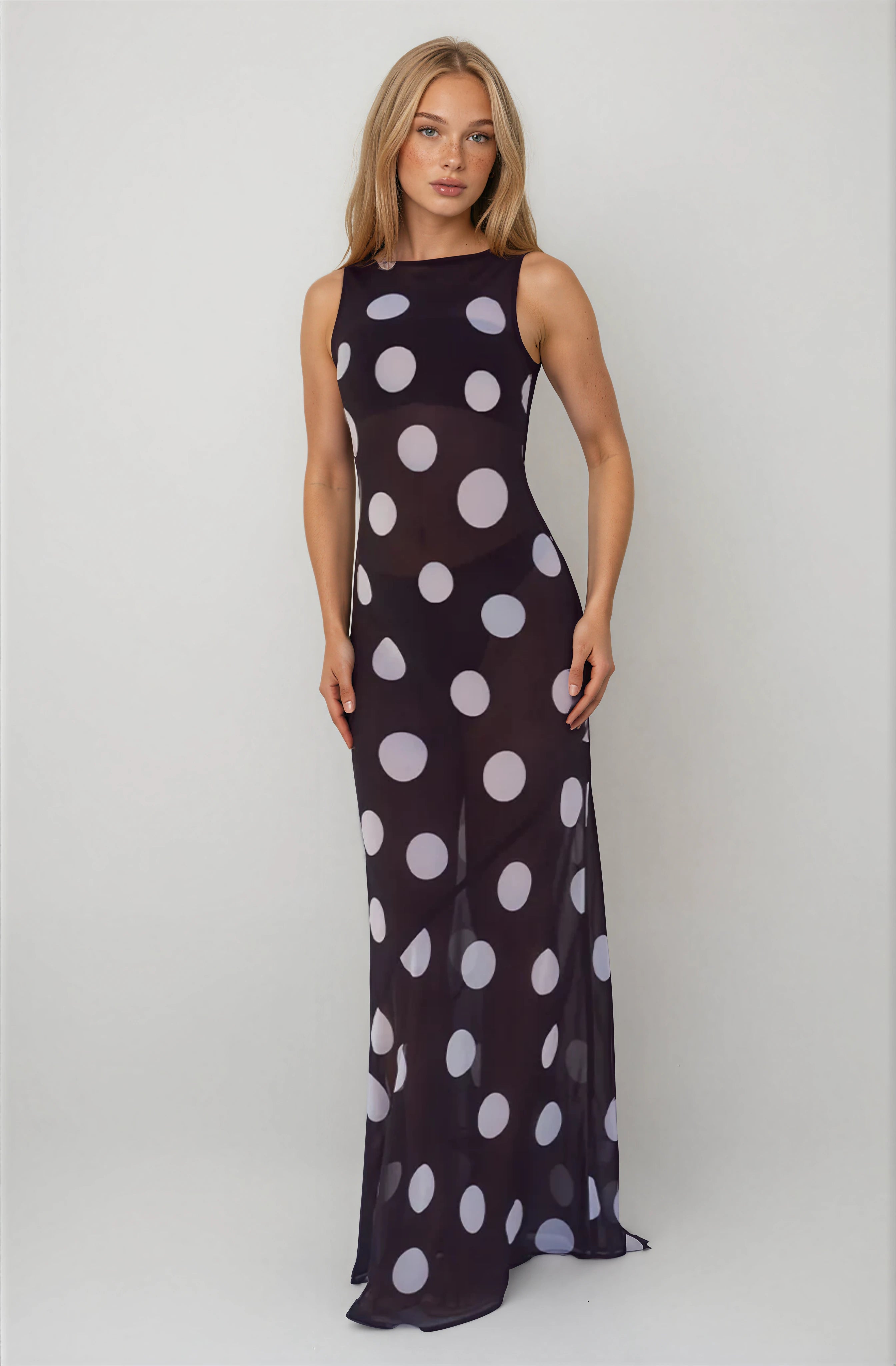HIGH NECK MAXI DRESS - BLACK/WHITE POLKA