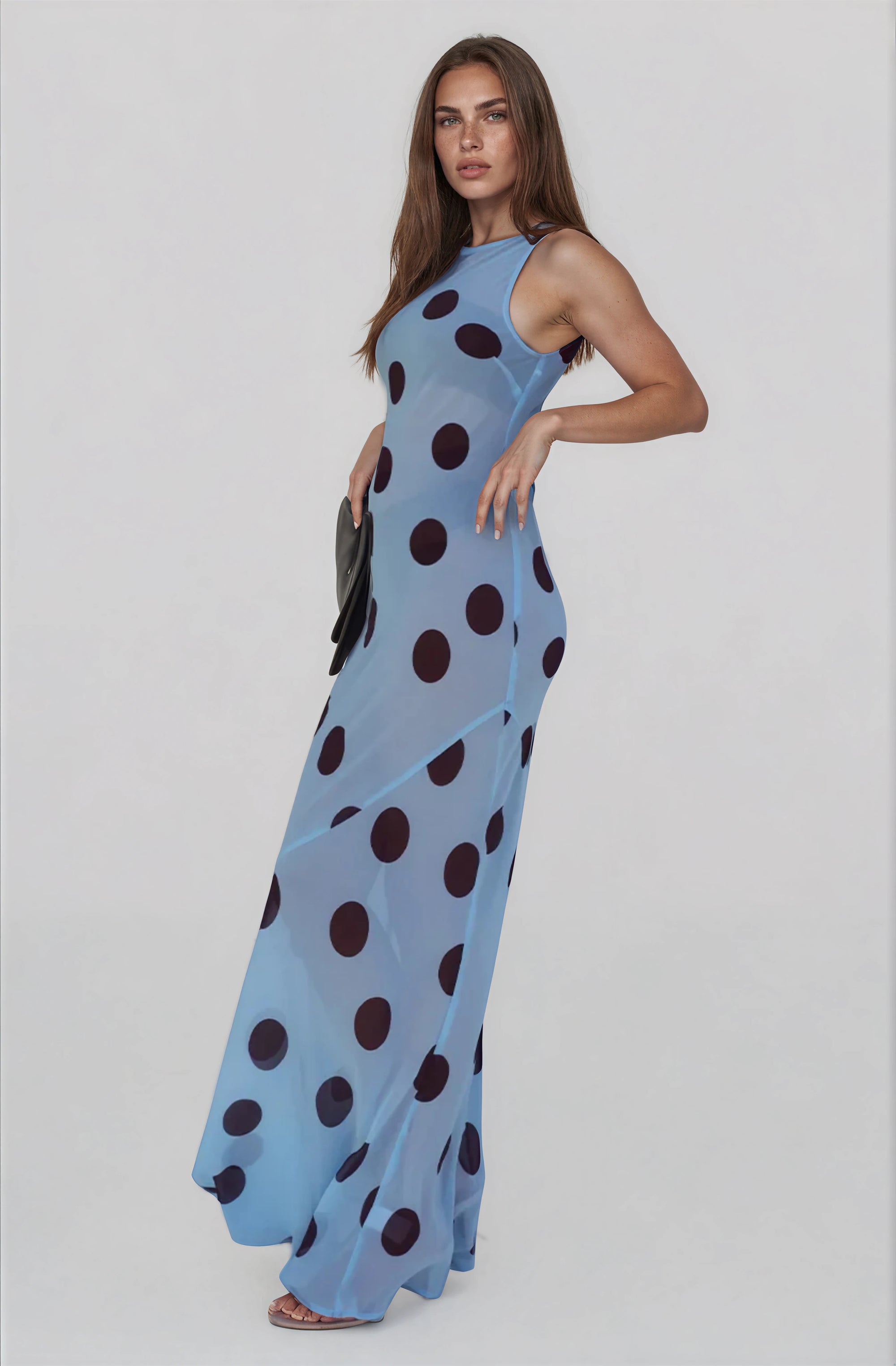 HIGH NECK MAXI DRESS - SKY BLUE/CHOC POLKA