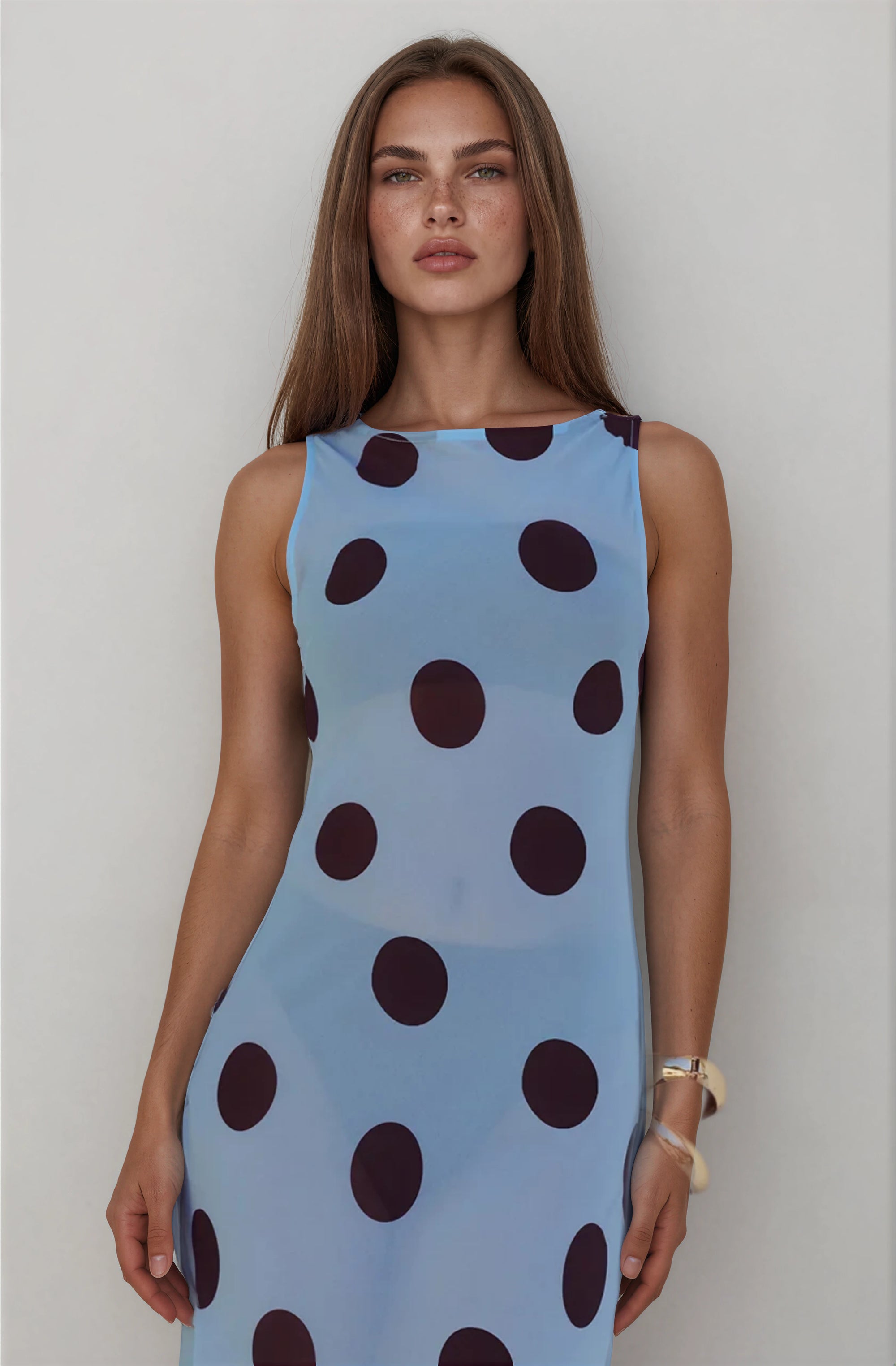 HIGH NECK MAXI DRESS - SKY BLUE/CHOC POLKA