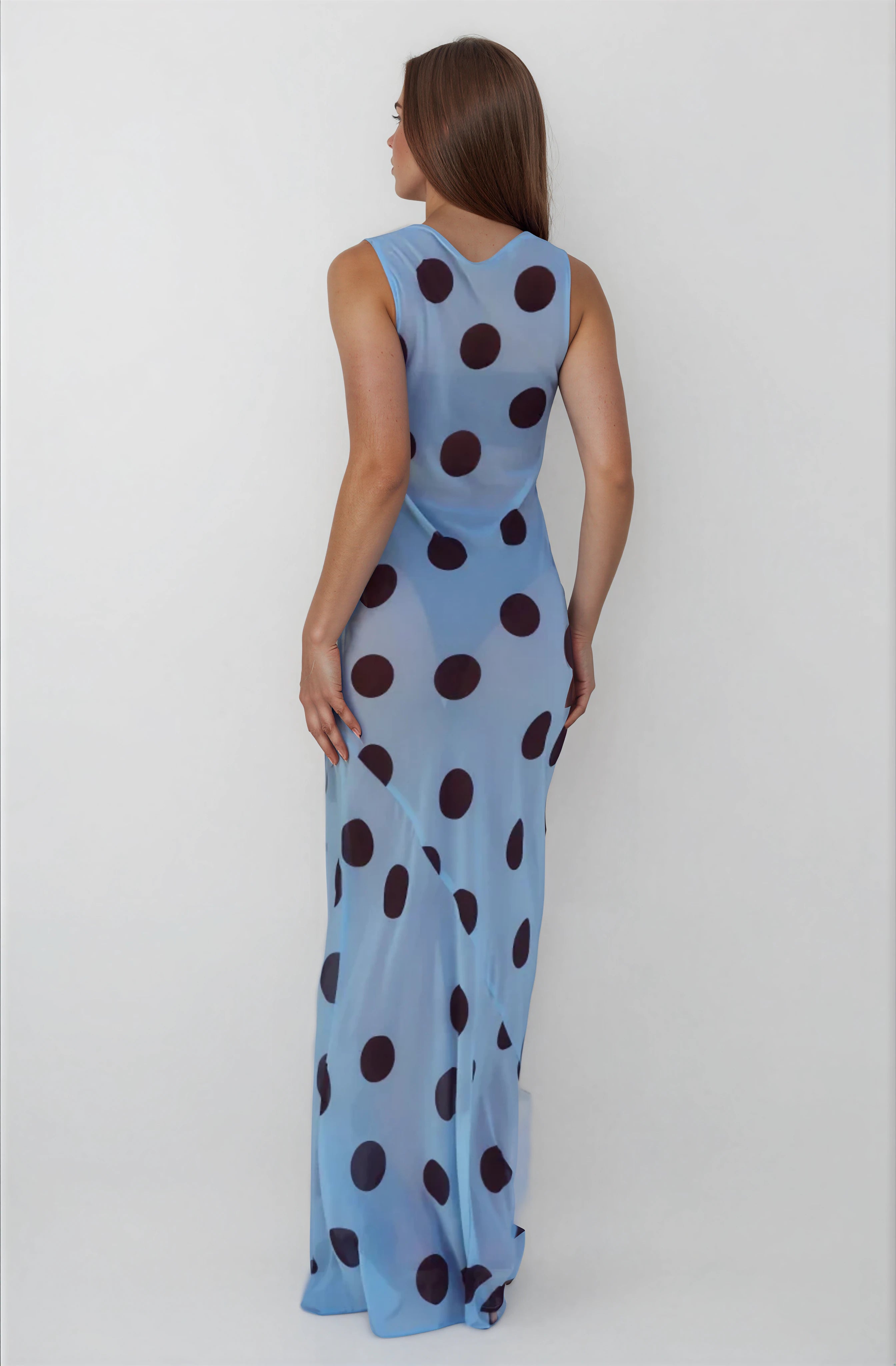 HIGH NECK MAXI DRESS - SKY BLUE/CHOC POLKA