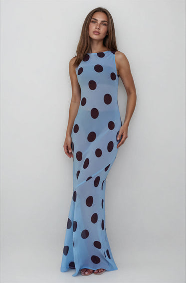 HIGH NECK MAXI DRESS - SKY BLUE/CHOC POLKA