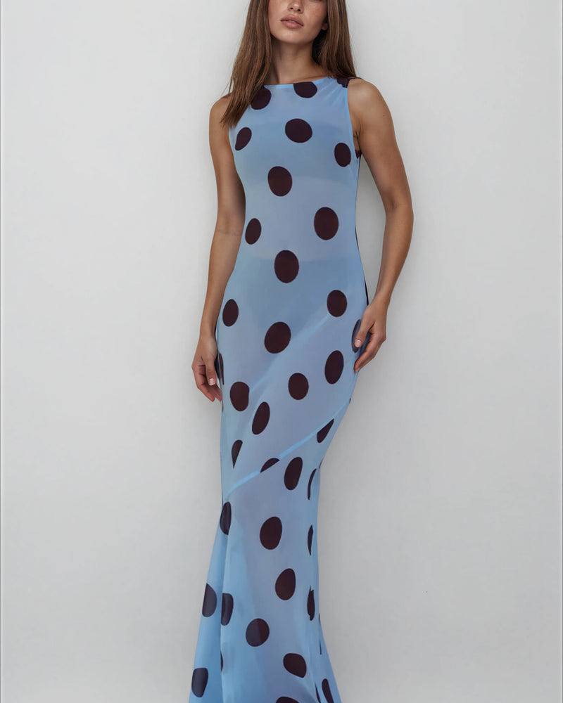 HIGH NECK MAXI DRESS - SKY BLUE/CHOC POLKA