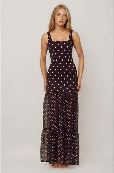 SHEER BOTTOM MAXI DRESS - BLACK/WHITE POLKA