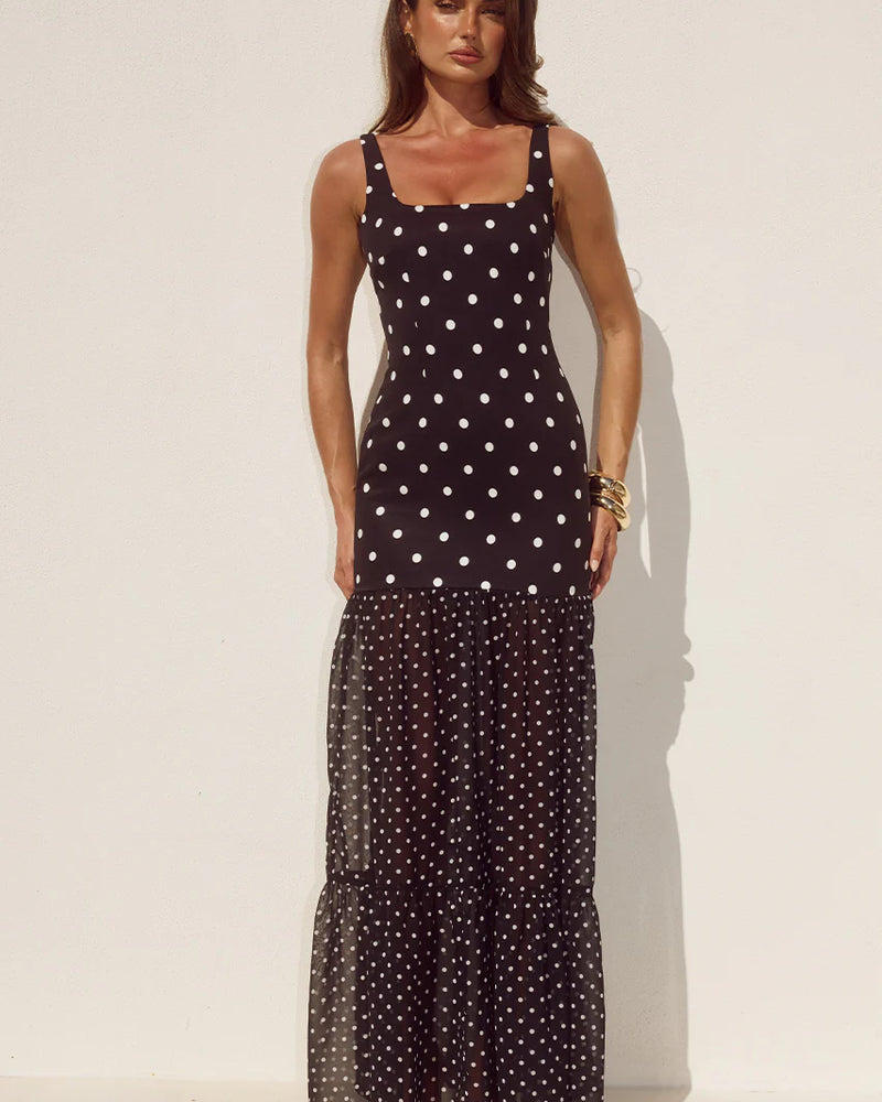 SHEER BOTTOM MAXI DRESS - BLACK/WHITE POLKA