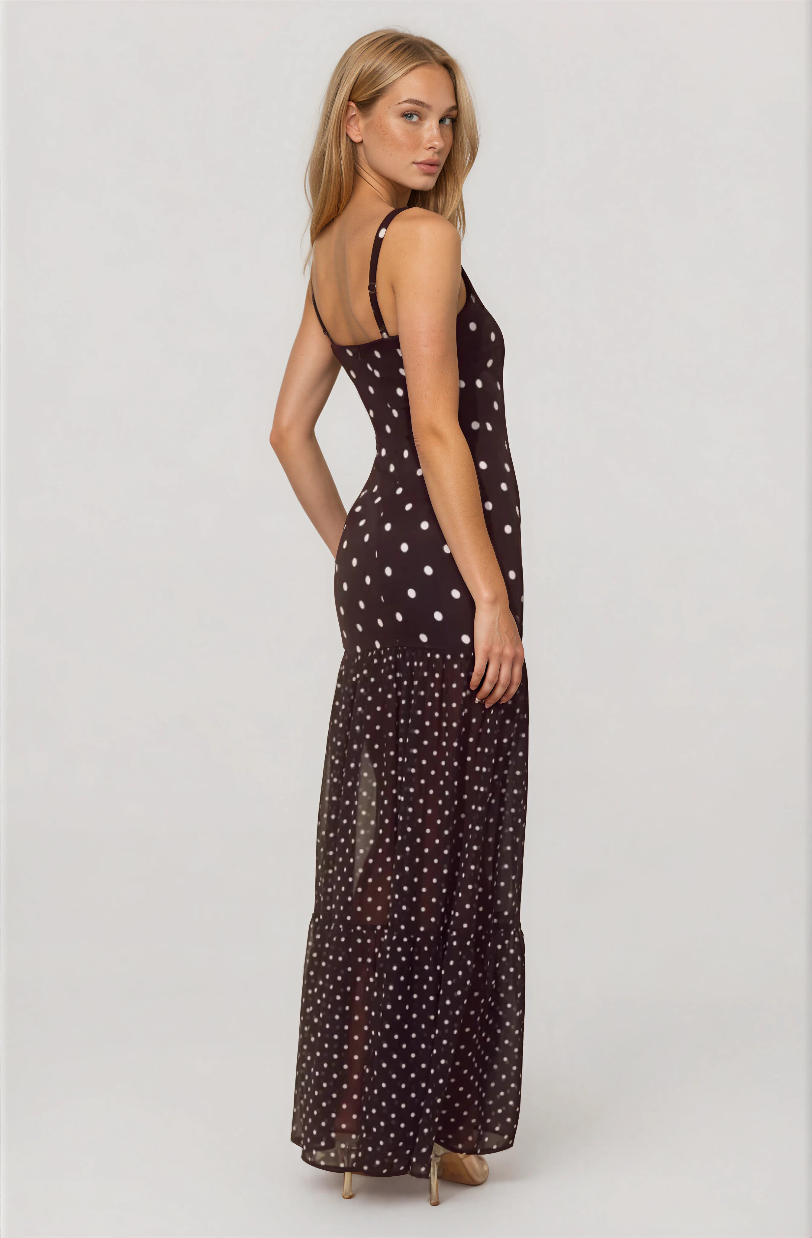 SHEER BOTTOM MAXI DRESS - BLACK/WHITE POLKA