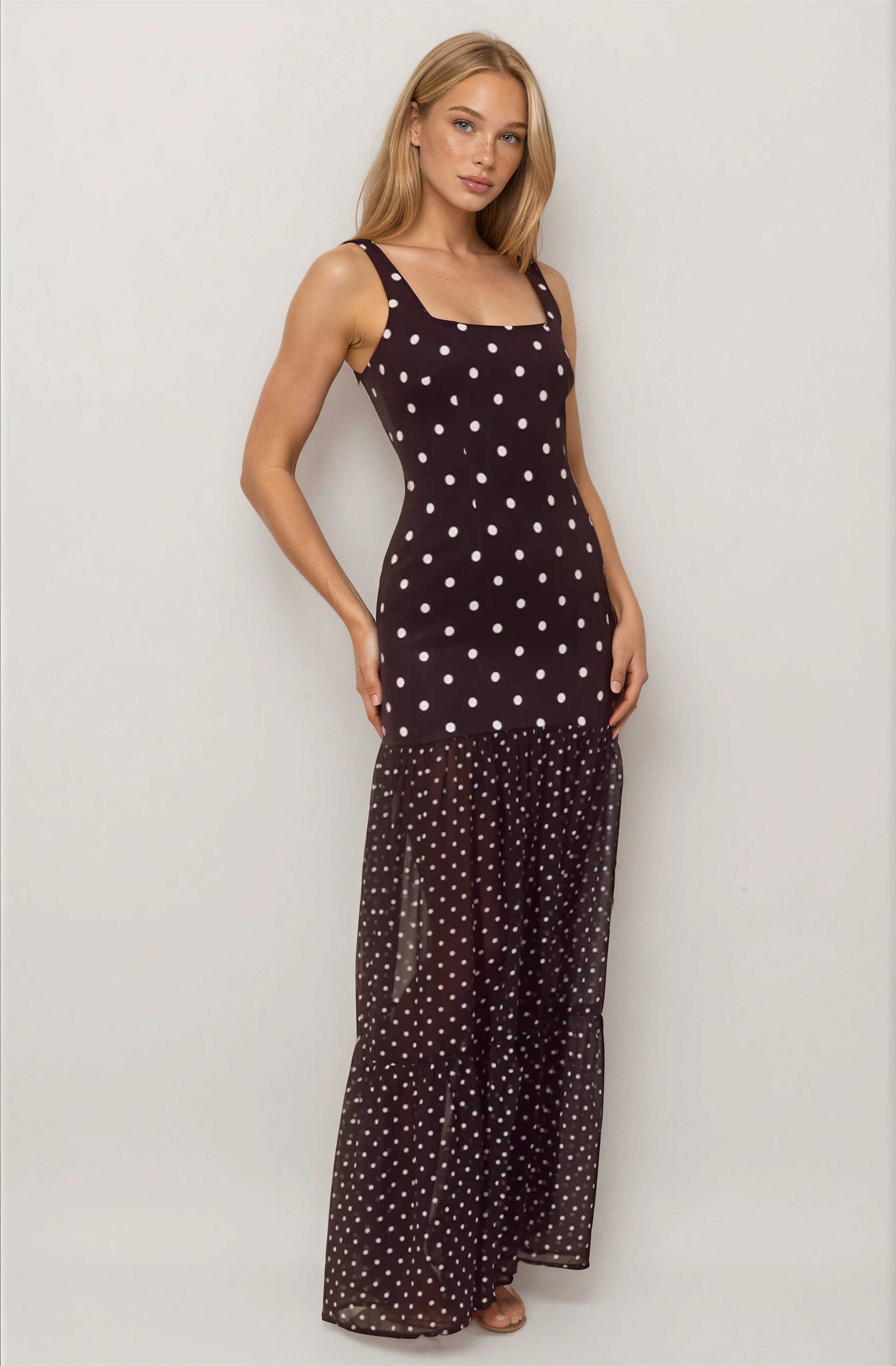SHEER BOTTOM MAXI DRESS - BLACK/WHITE POLKA