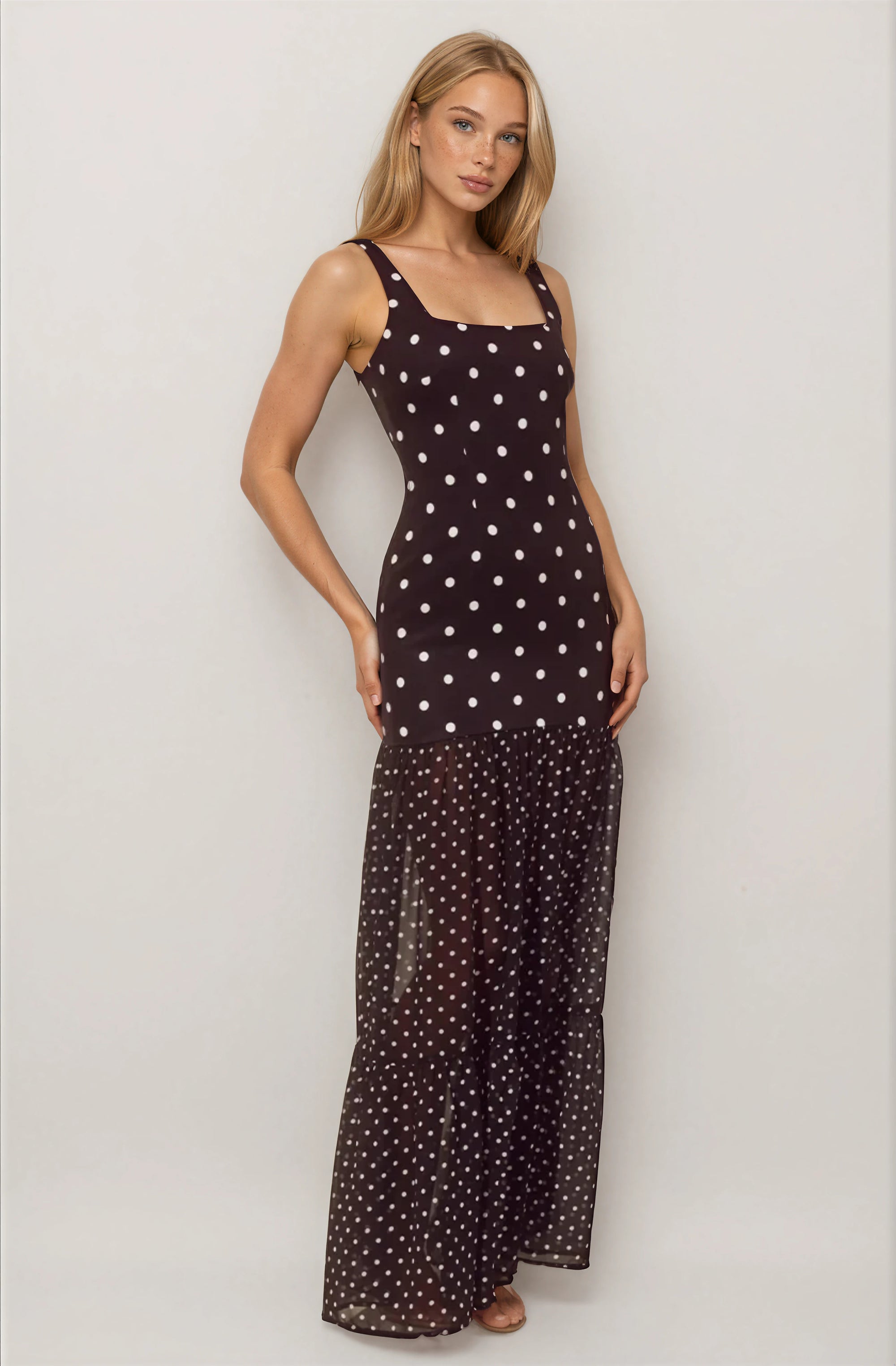 SHEER BOTTOM MAXI DRESS - BLACK/WHITE POLKA