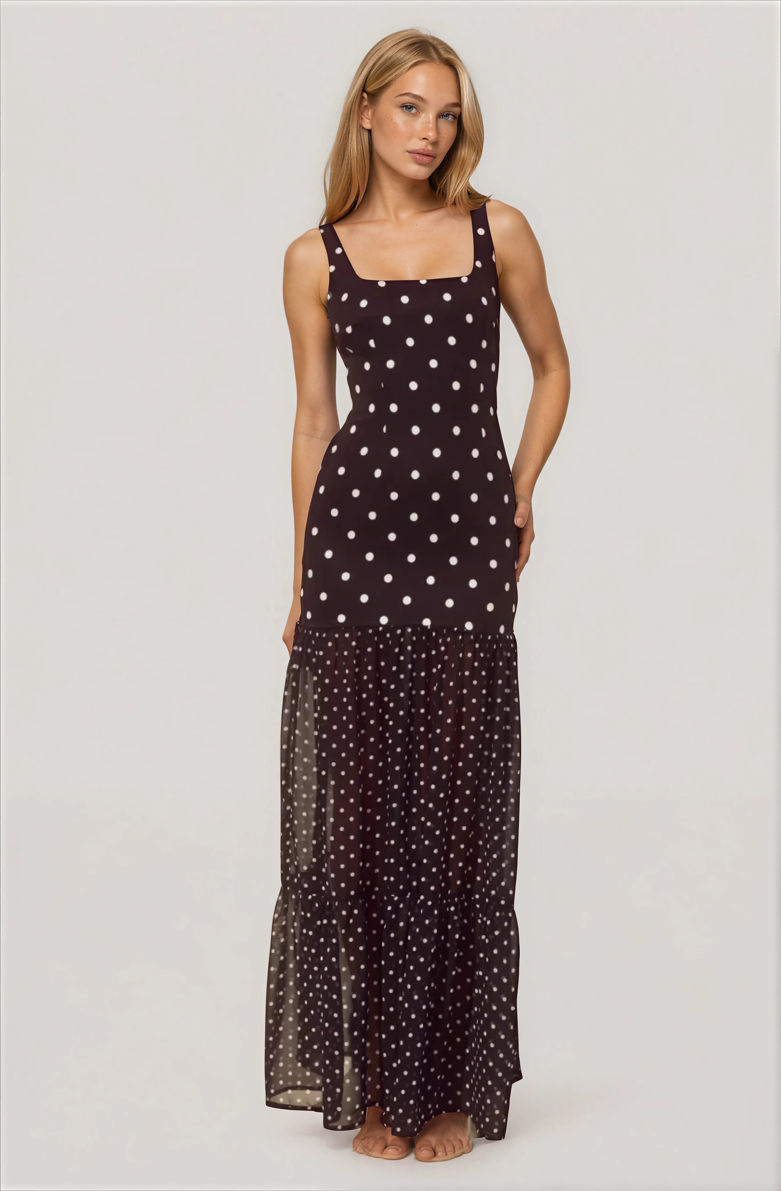 SHEER BOTTOM MAXI DRESS - BLACK/WHITE POLKA