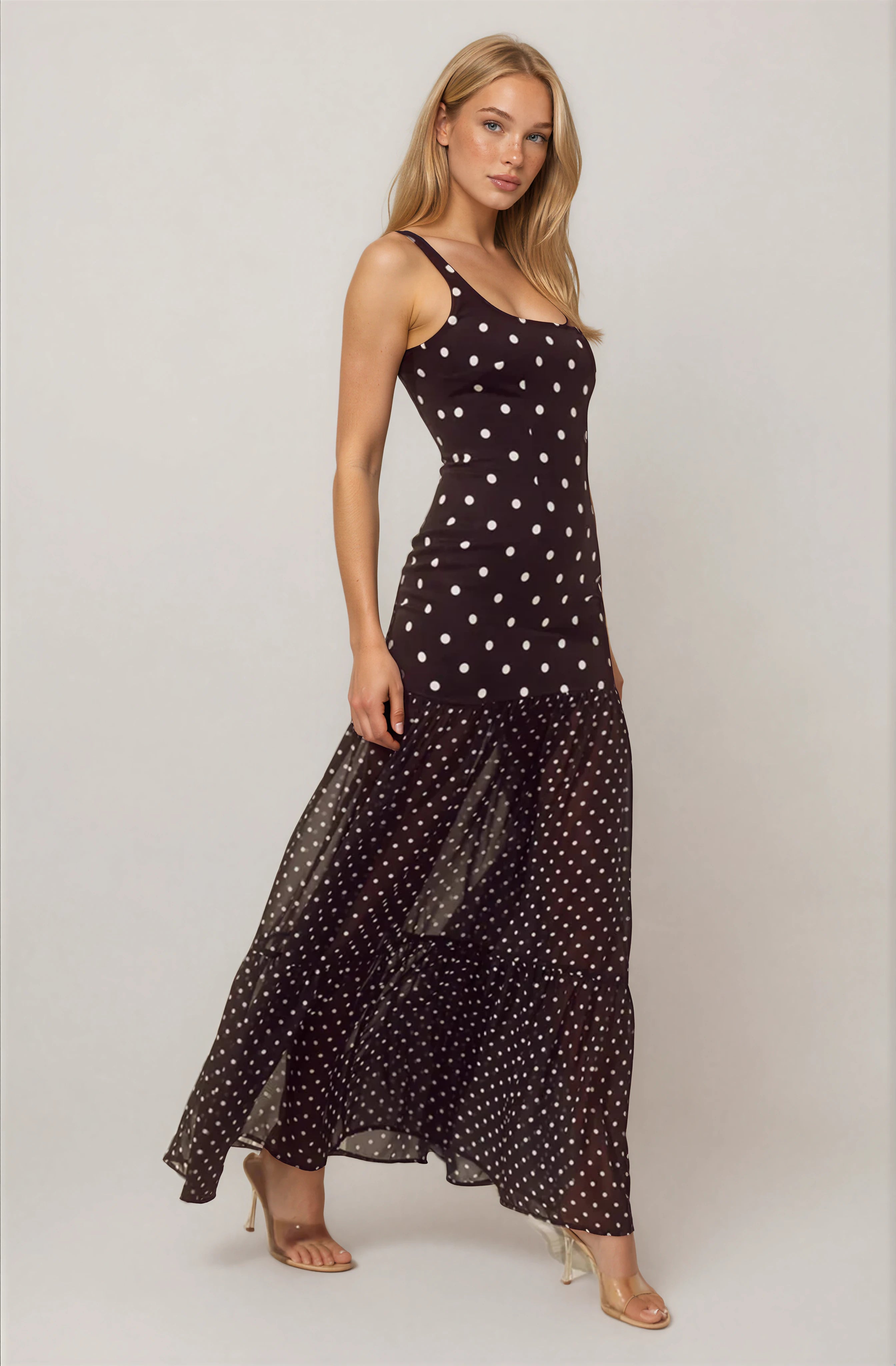 SHEER BOTTOM MAXI DRESS - BLACK/WHITE POLKA