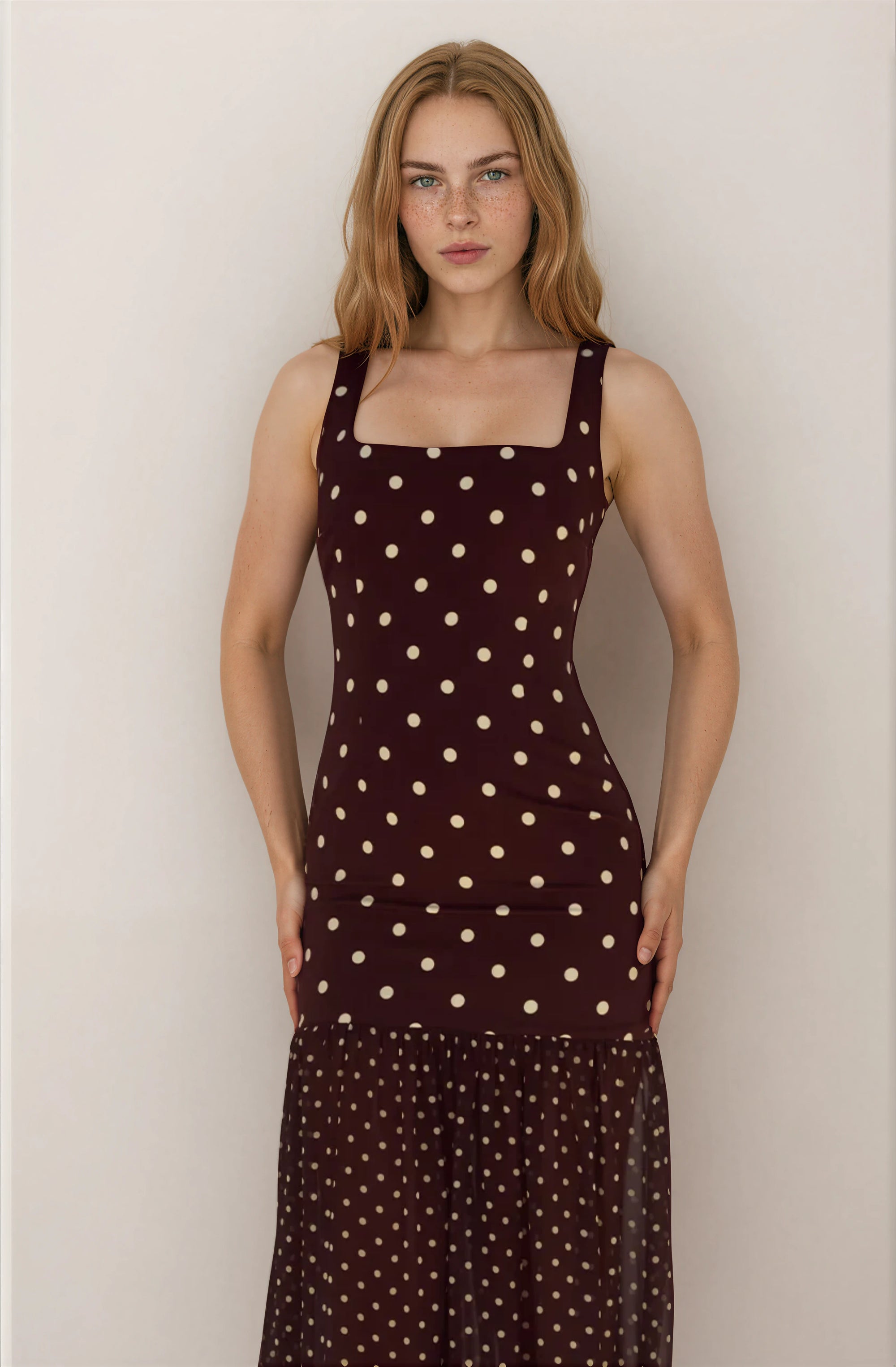 HEER BOTTOM MAXI DRESS - CHOC/LEMON POLKA